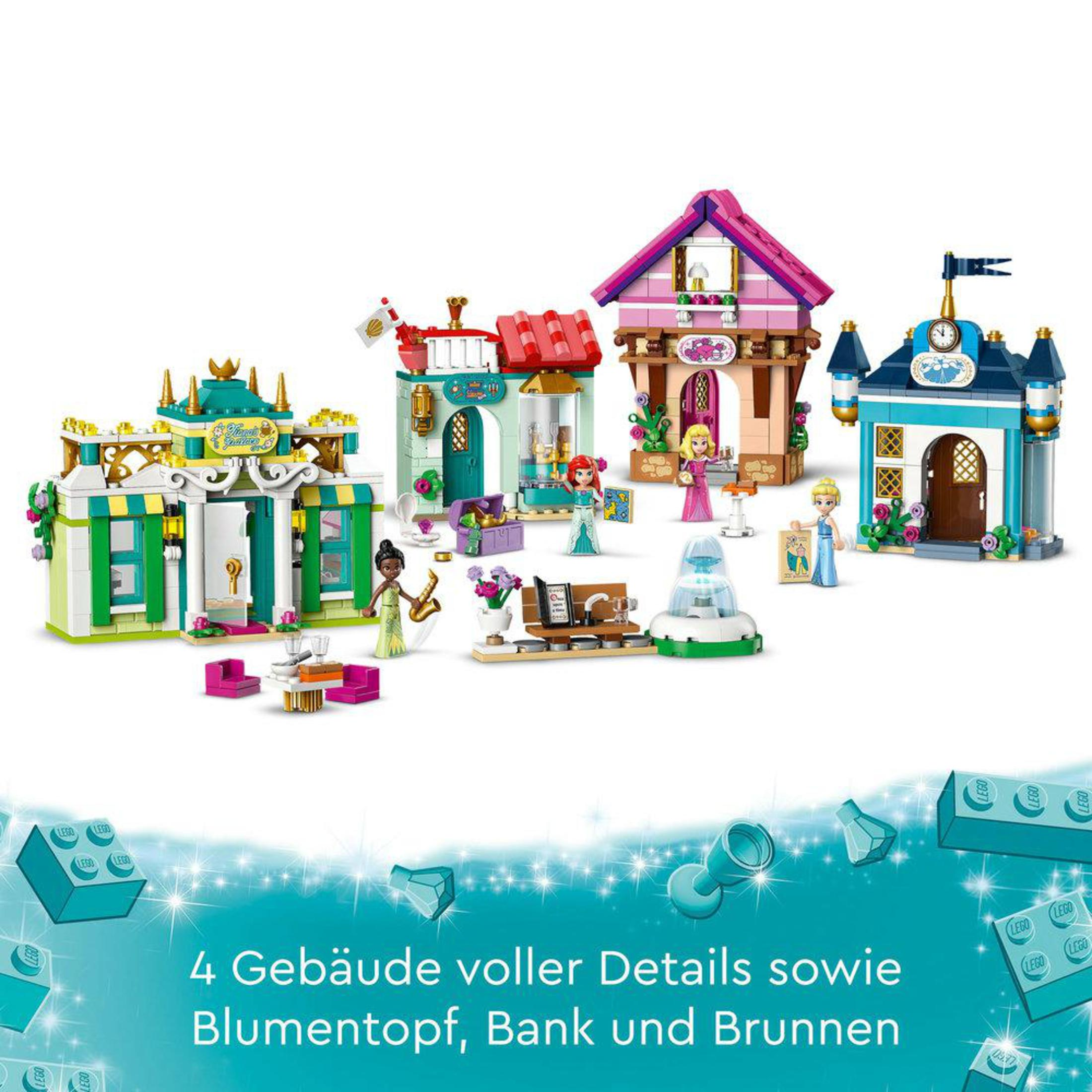 Zestaw LEGO z czterema szczegółowymi budynkami i figurkami. Zawiera fontannę i bank.