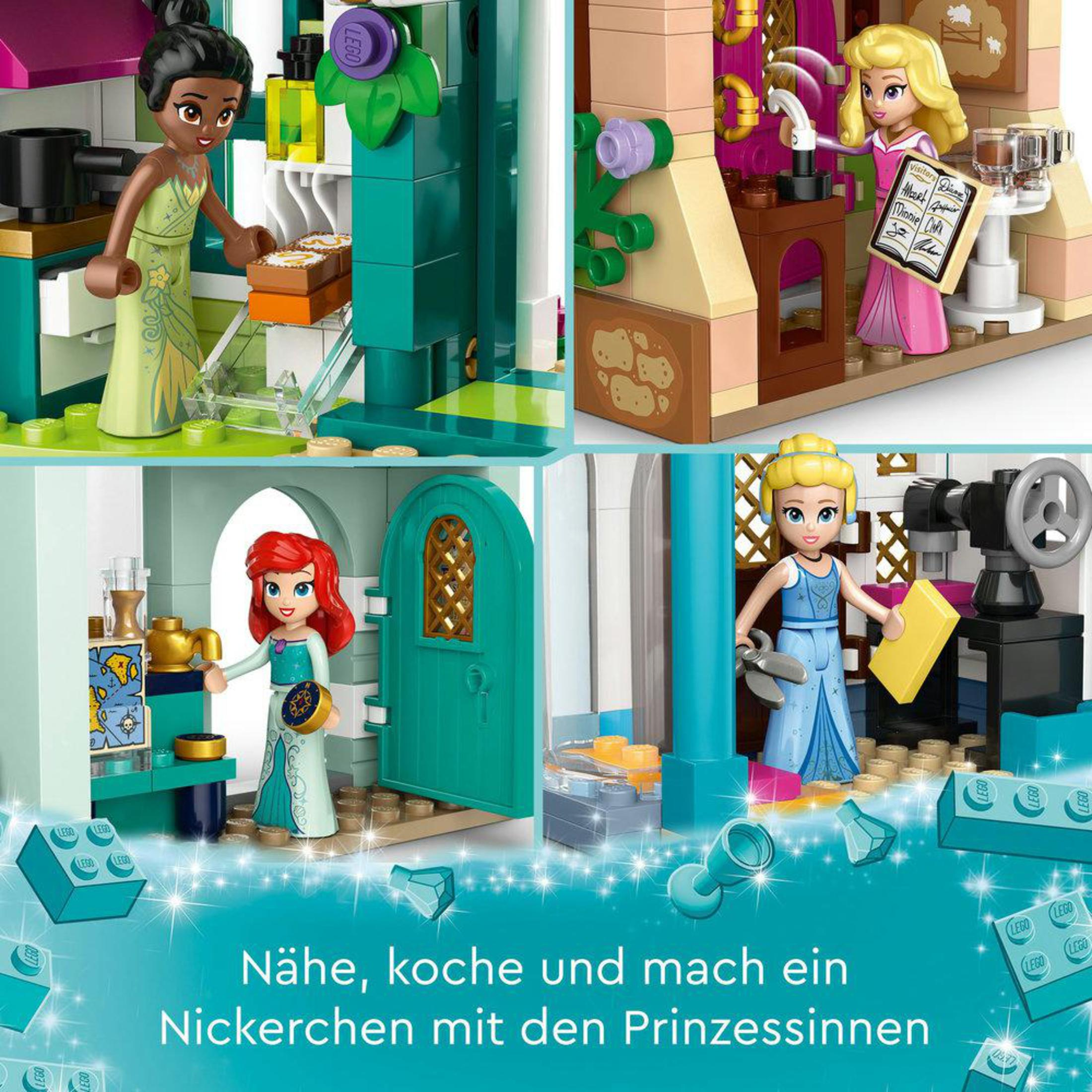 Zestaw LEGO z księżniczkami w różnych scenach. Zawiera kuchnię, sypialnię i więcej.