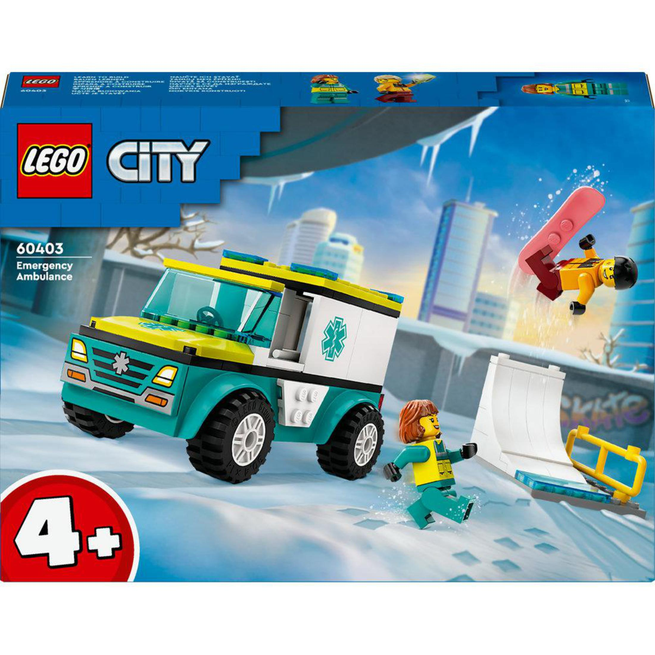 Lego City Acil Durum Ambulansı set kutusu. Ambulans, figür ve rampadan düşen bir snowboardcu gösterir.