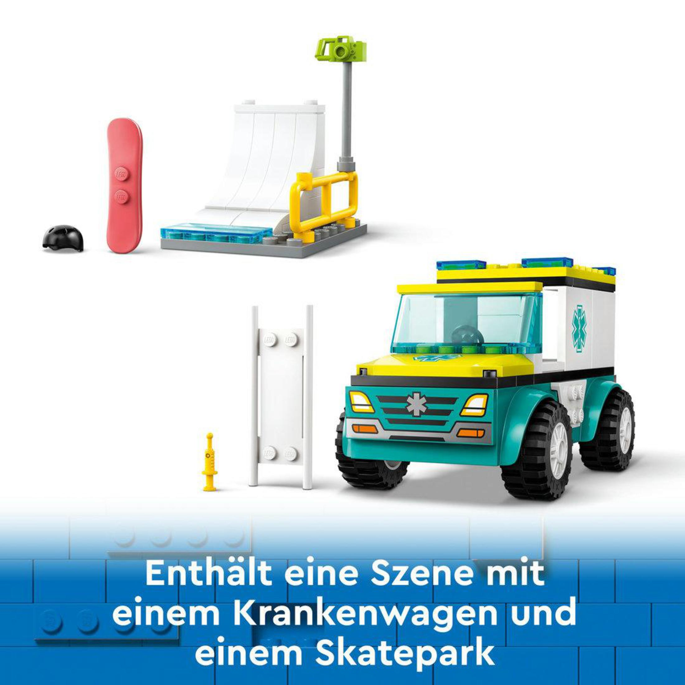 Ambulans, kaykay parkı, kaykay ve diğer lego öğeleri ile Lego sahnesi.