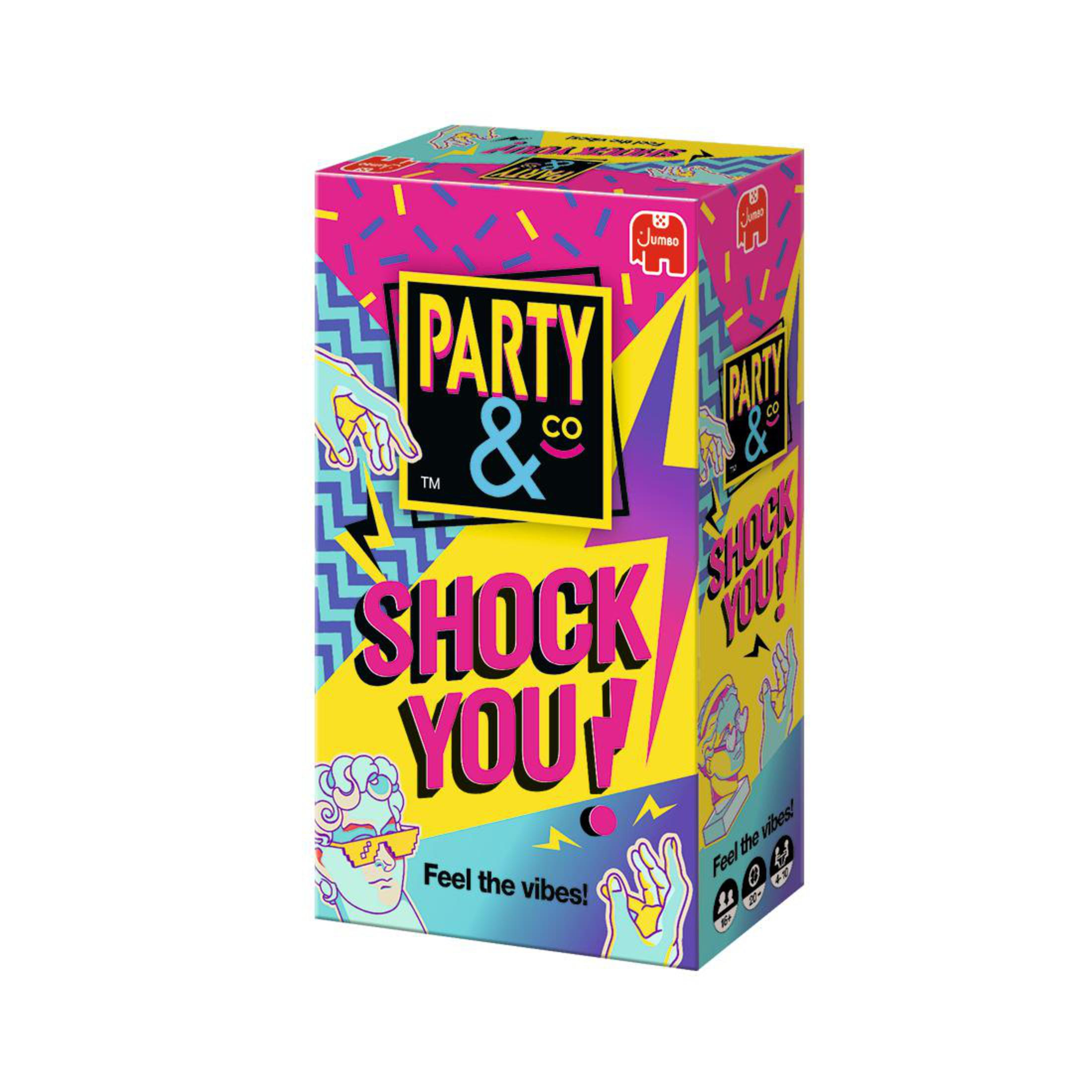 Una scatola colorata del gioco Party & Co., con illustrazioni di cartoni animati e testo.