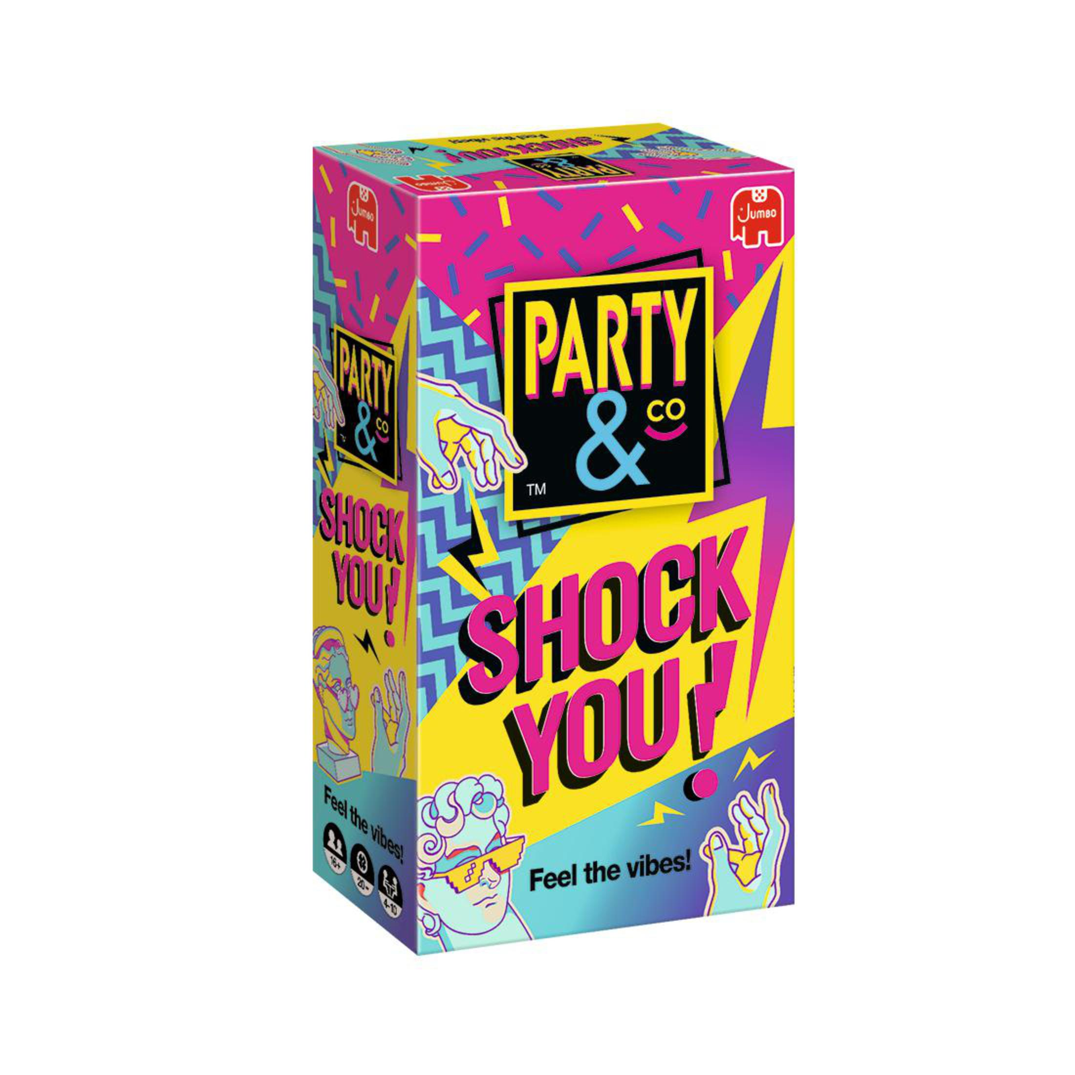 Scatola Party & Co. Una scatola di gioco colorata con illustrazioni e testo.