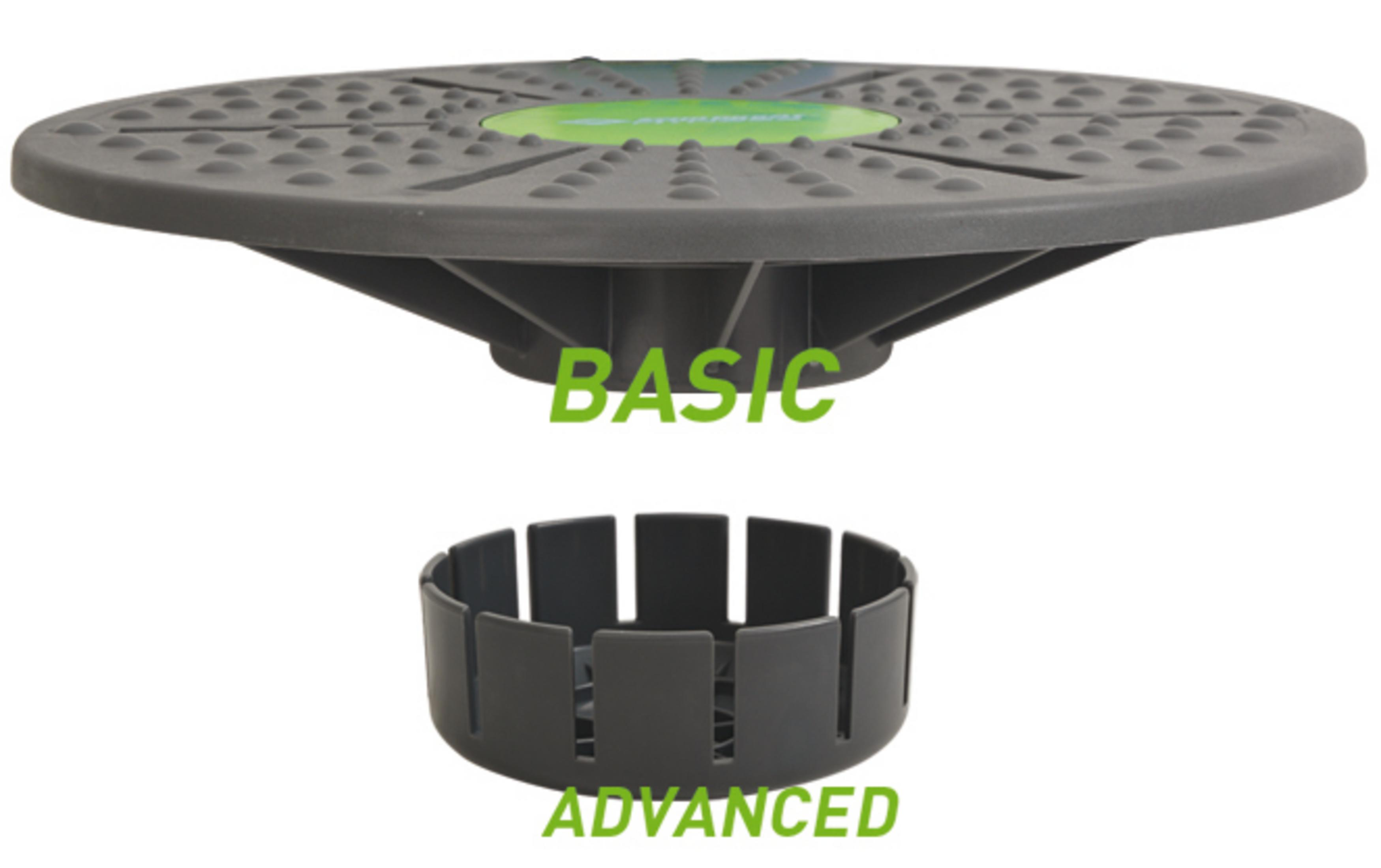 Balance Board mit zwei Komponenten, beschriftet mit 'Basic' und 'Advanced', grau und schwarz.