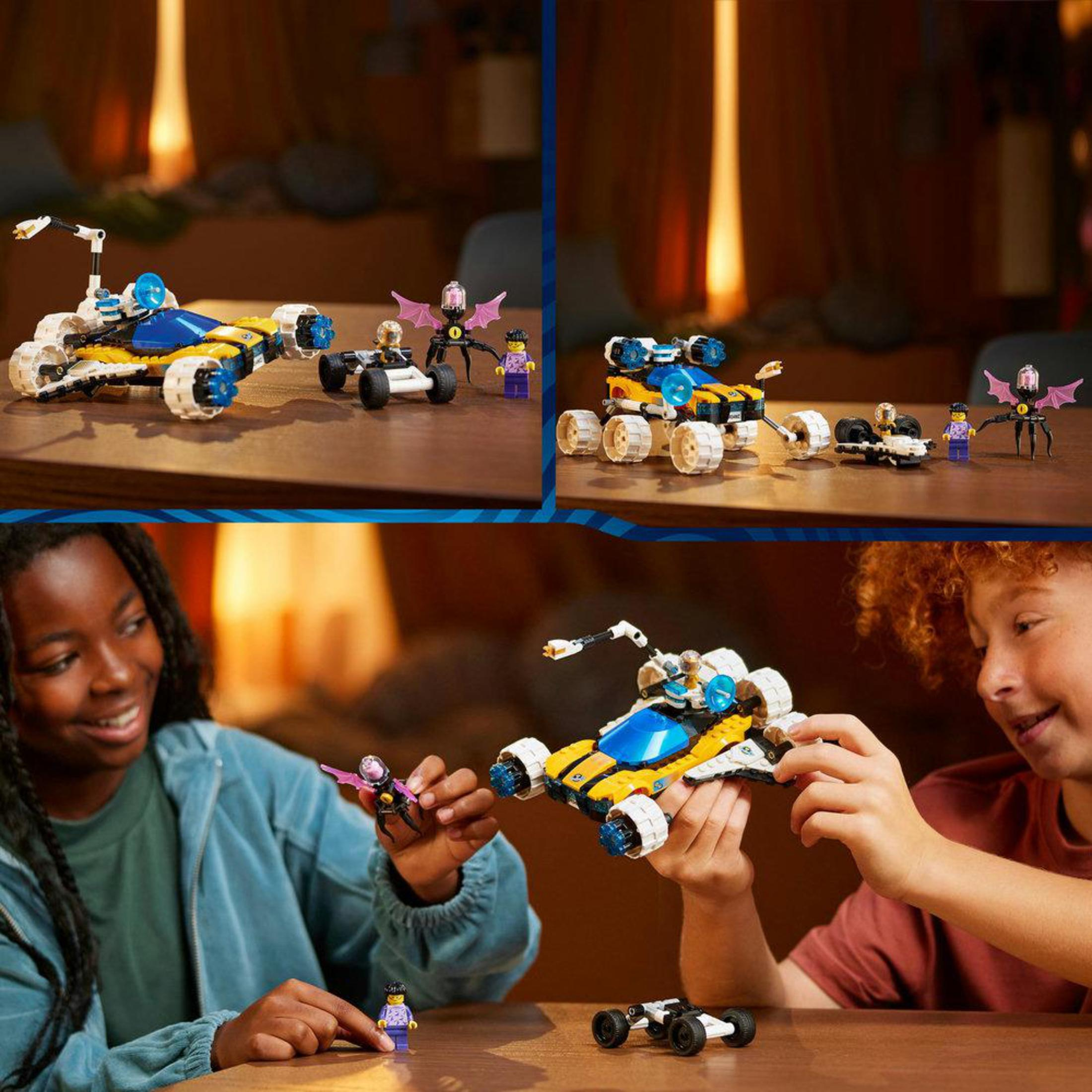 Dwoje dzieci bawiących się zestawami LEGO z futurystycznymi pojazdami i figurkami.