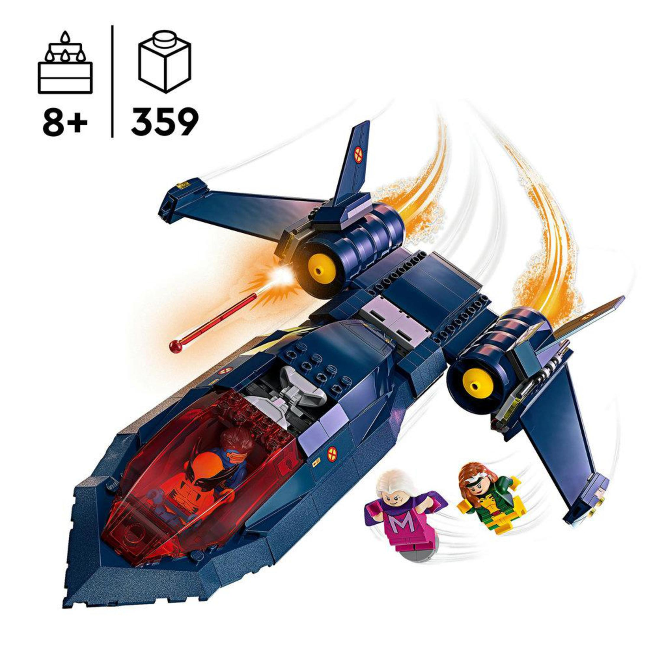 Ein Lego-Set mit einem blauen Jet, Wolverine und zwei fliegenden Lego-Figuren. Das Set hat 359 Teile.
