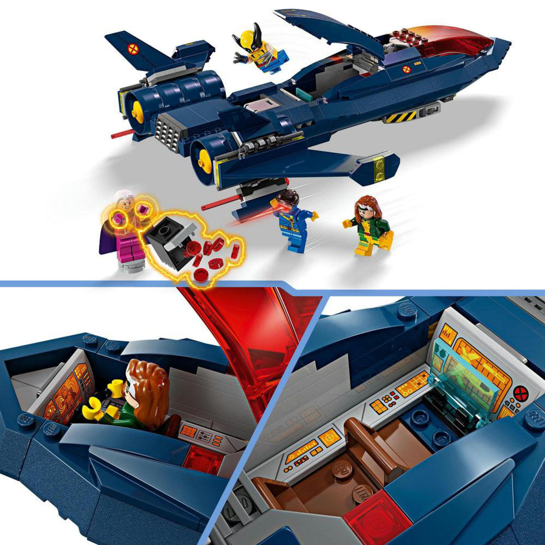 LEGO-Set mit blauem Jet, Wolverine und anderen Actionfiguren.