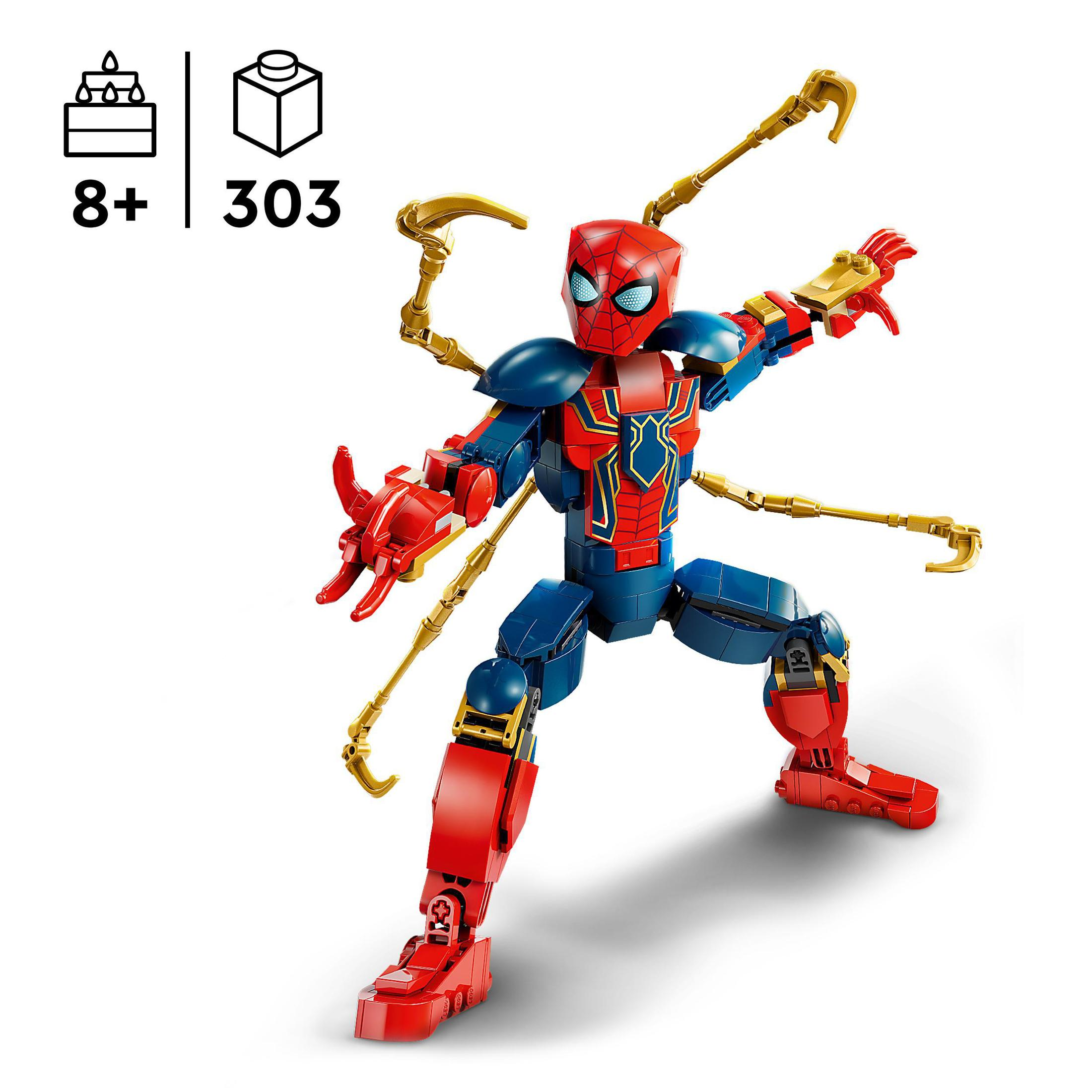 Figurka Lego Spider-Man z ramionami. Figurka jest czerwona, niebieska i złota. Z przedziałem wiekowym 8+ i 303 elementami.