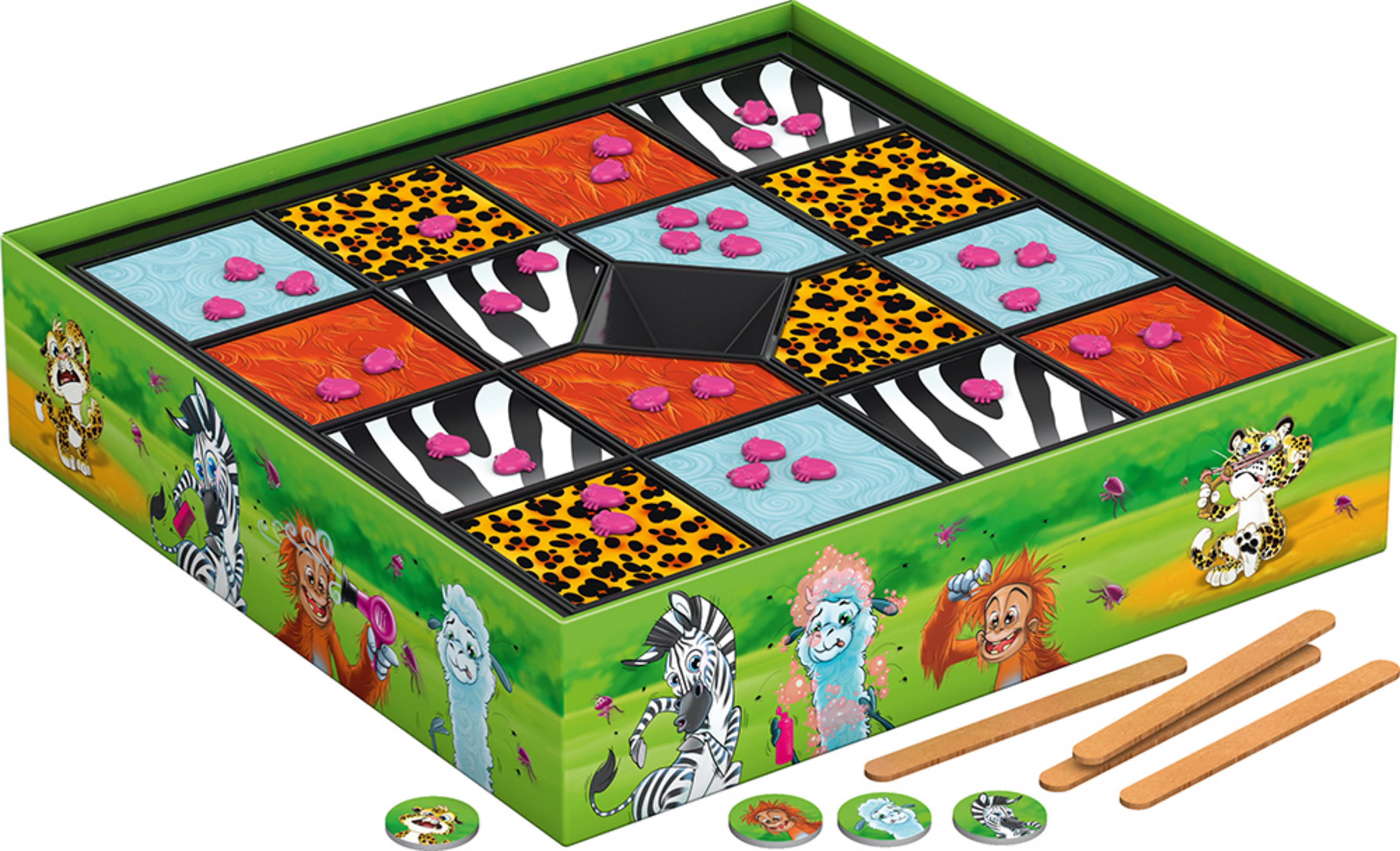 Ein Brettspiel mit Tiermustern und Holzspielsteinen. Tiere sind auf den grünen Rändern gezeichnet.