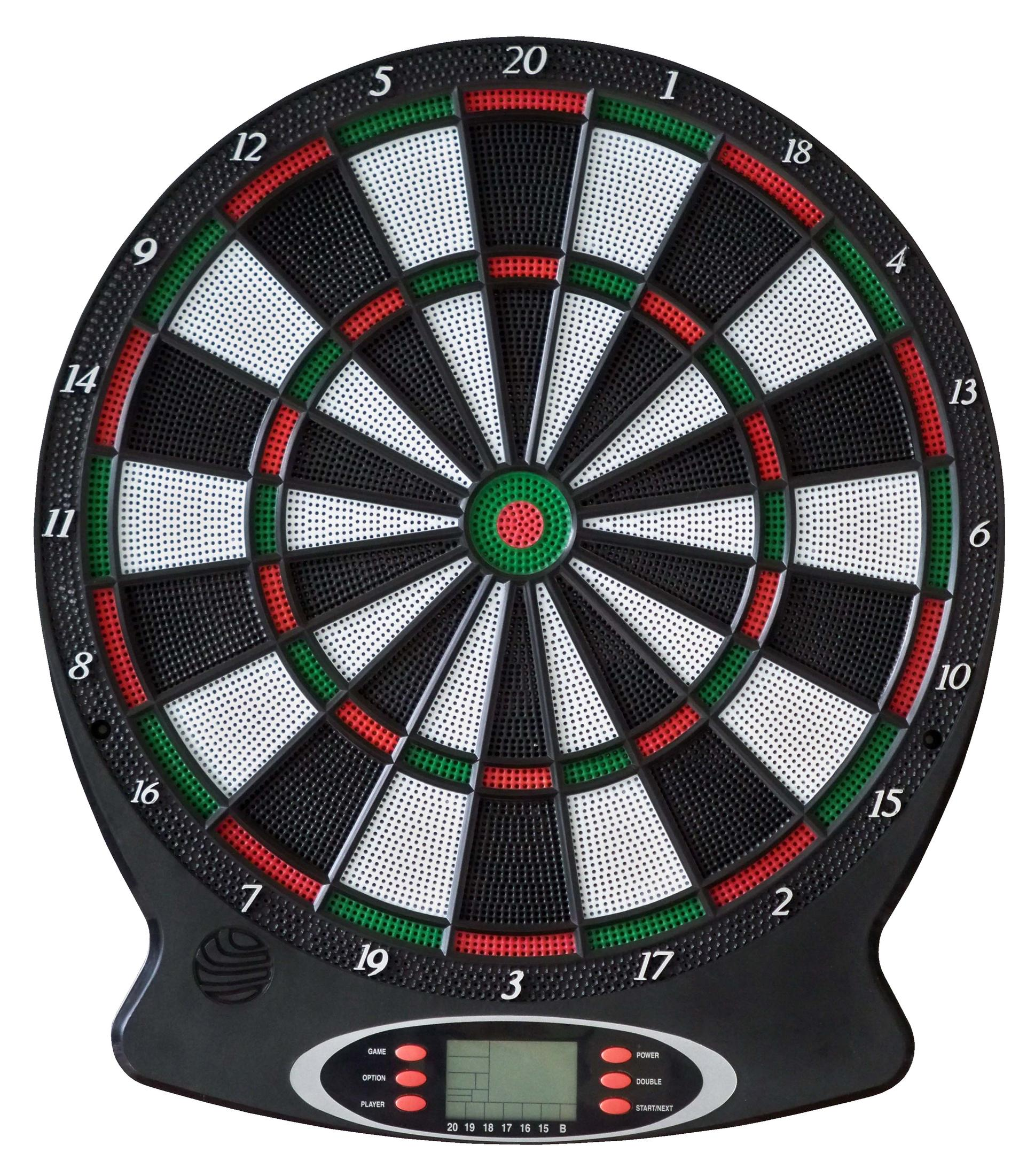 Eine schwarze Dartscheibe mit roten, grünen und weißen Segmenten. Sie hat ein digitales Display.
