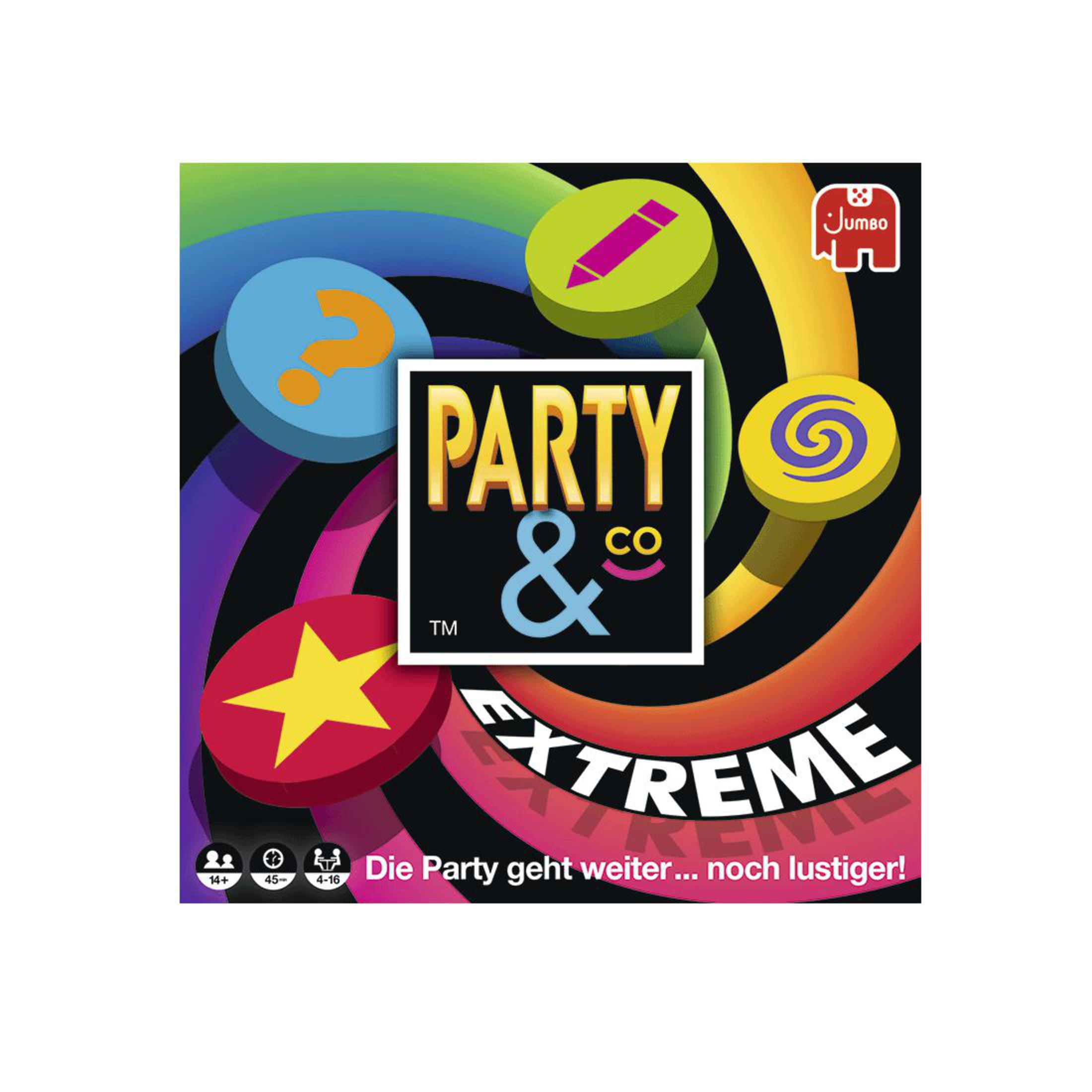 Party & Co Extreme Brettspielbox. Enthält bunte Formen und Fragezeichen auf schwarzem Hintergrund.