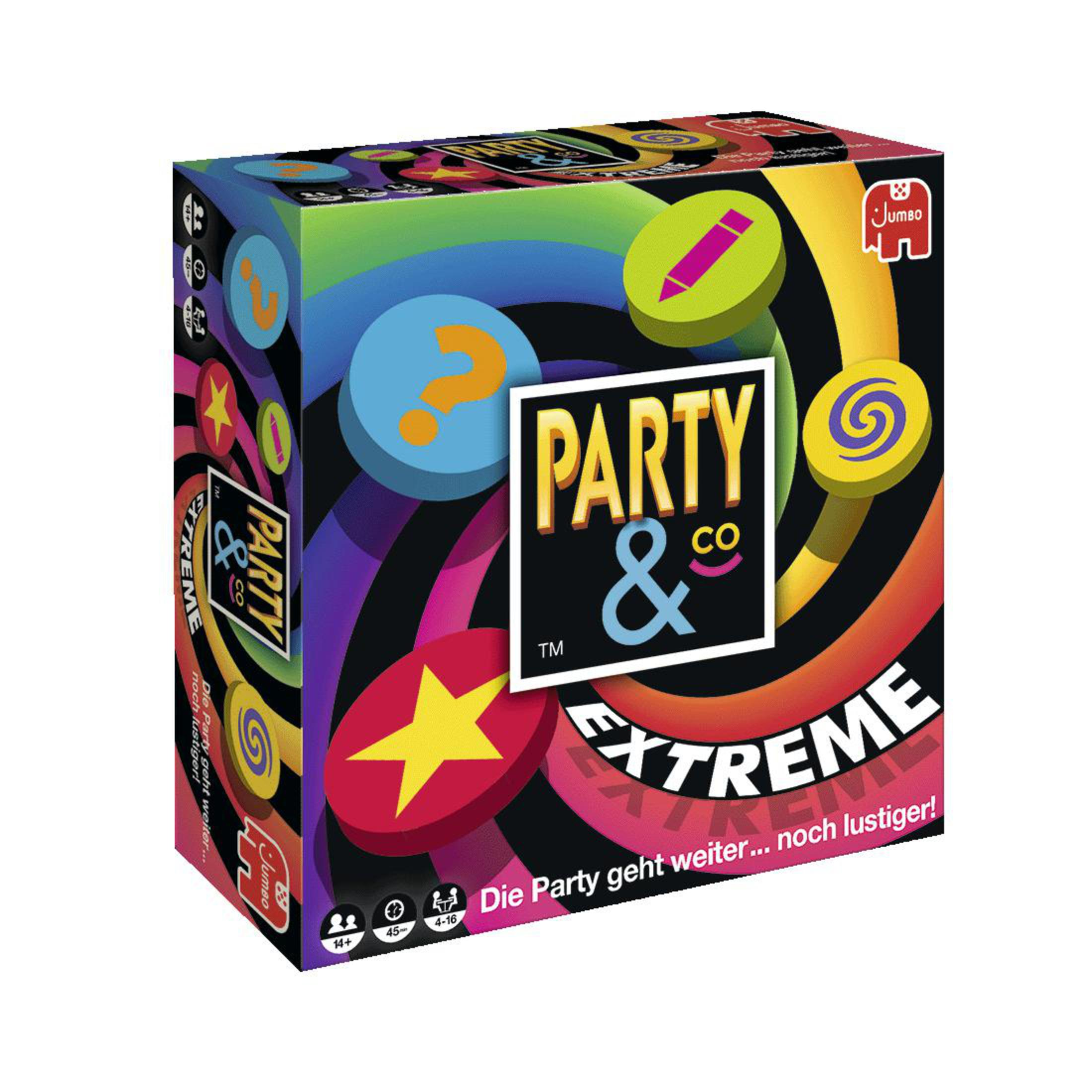 Eine bunte Brettspielbox mit dem Titel Party & Co Extreme und verschiedenen spielbezogenen Illustrationen.