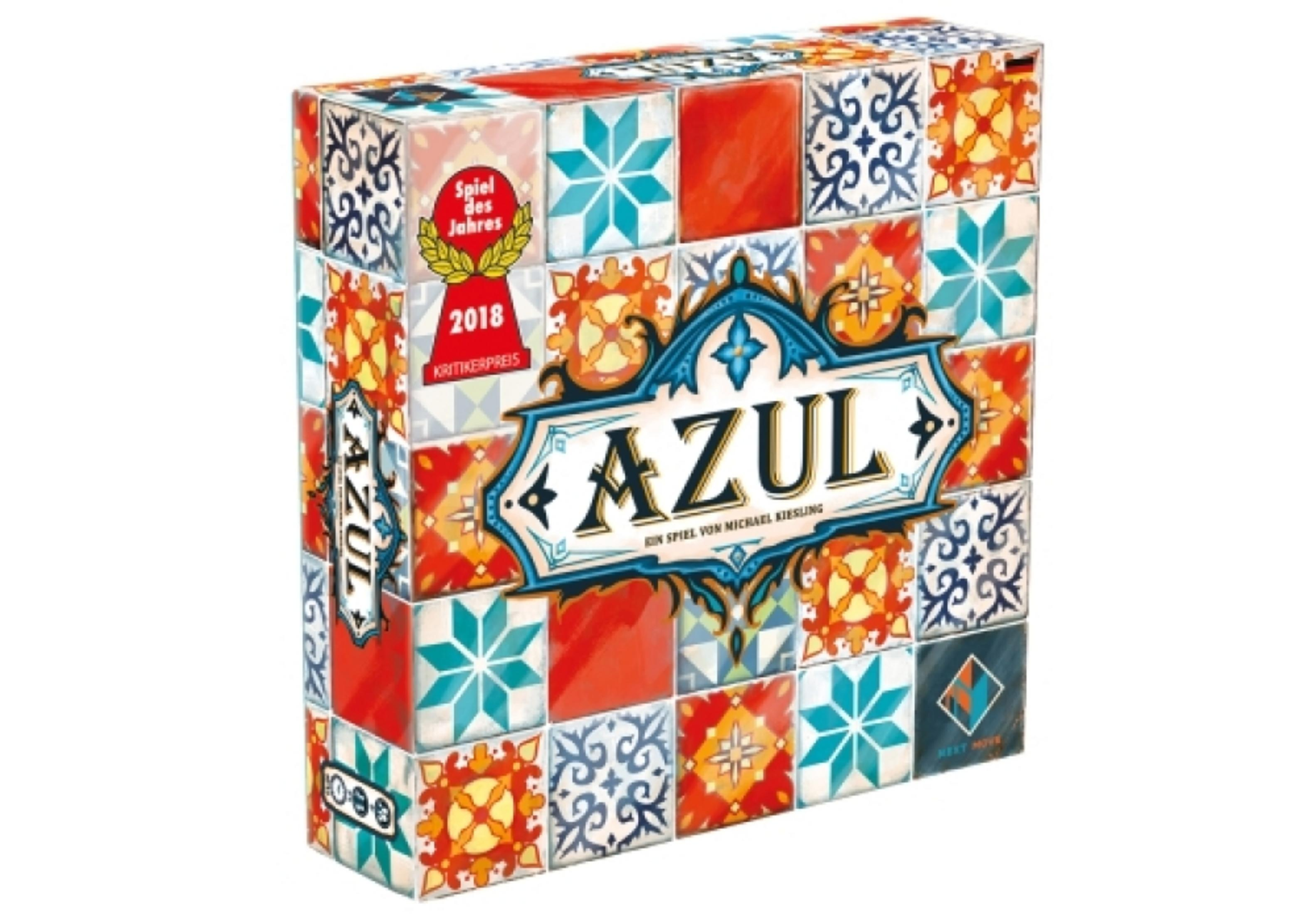 Azul Brettspielbox. Die Box hat bunte Mosaikfliesen mit dem Titel des Spiels darauf.