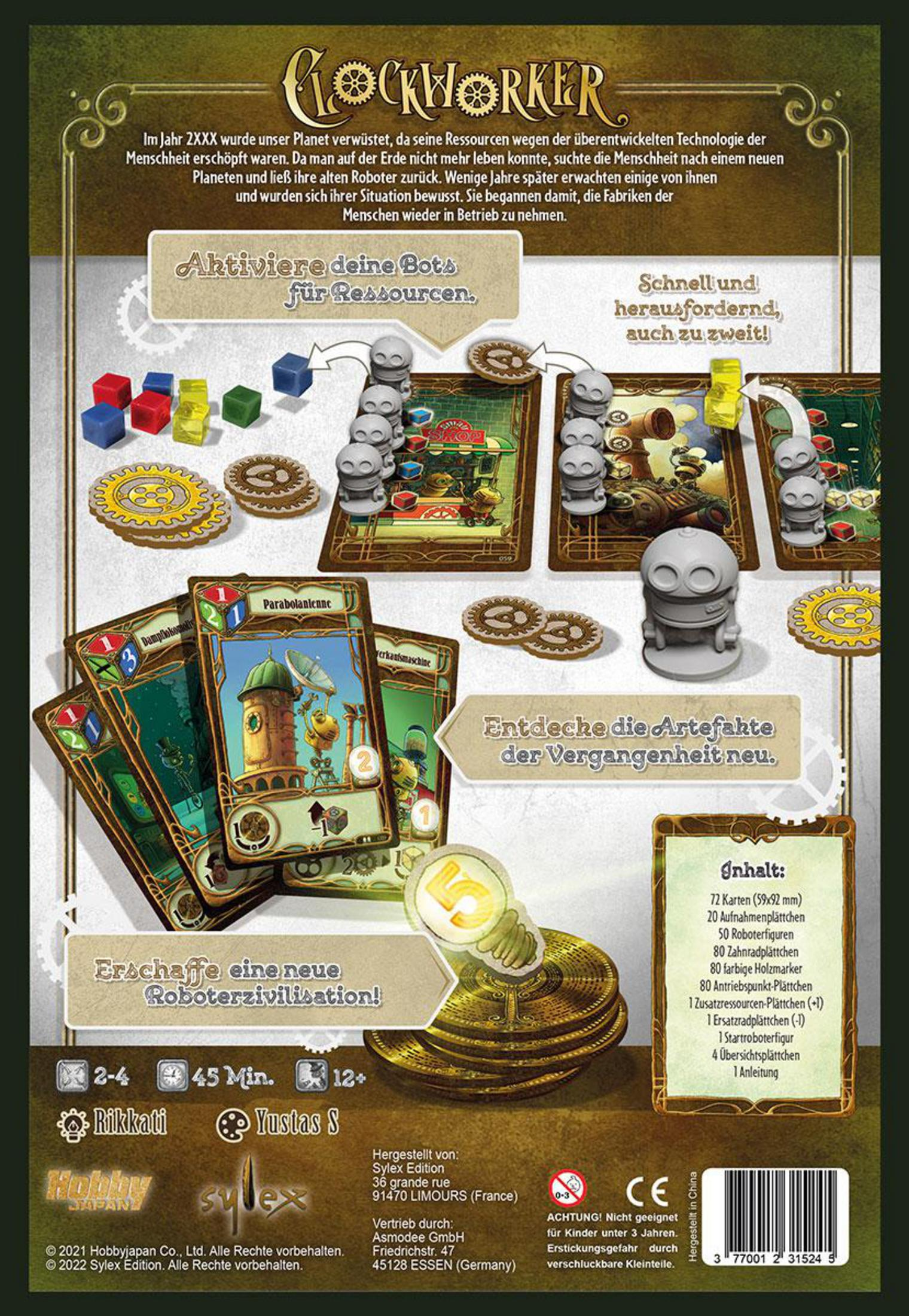 Clockworker-Brettspielbox mit Text und Bildern. Rückseite.