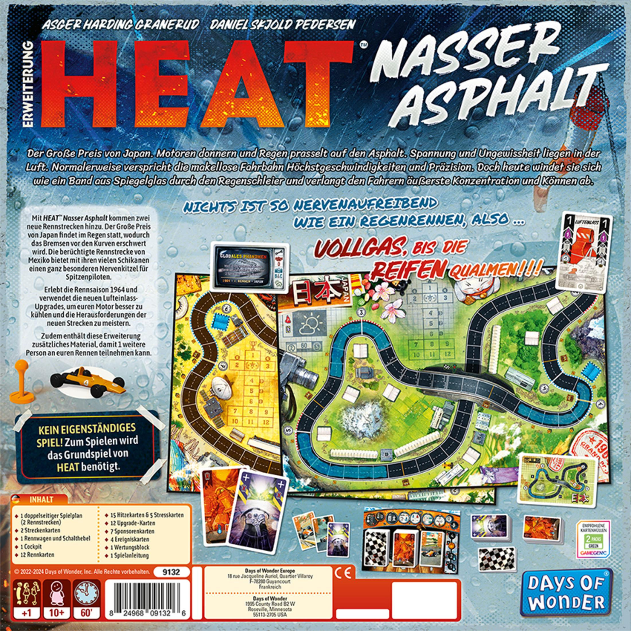 Brettspielbox: "HEAT Nassser Asphalt". Rennstrecke und Spielsteine sind sichtbar.