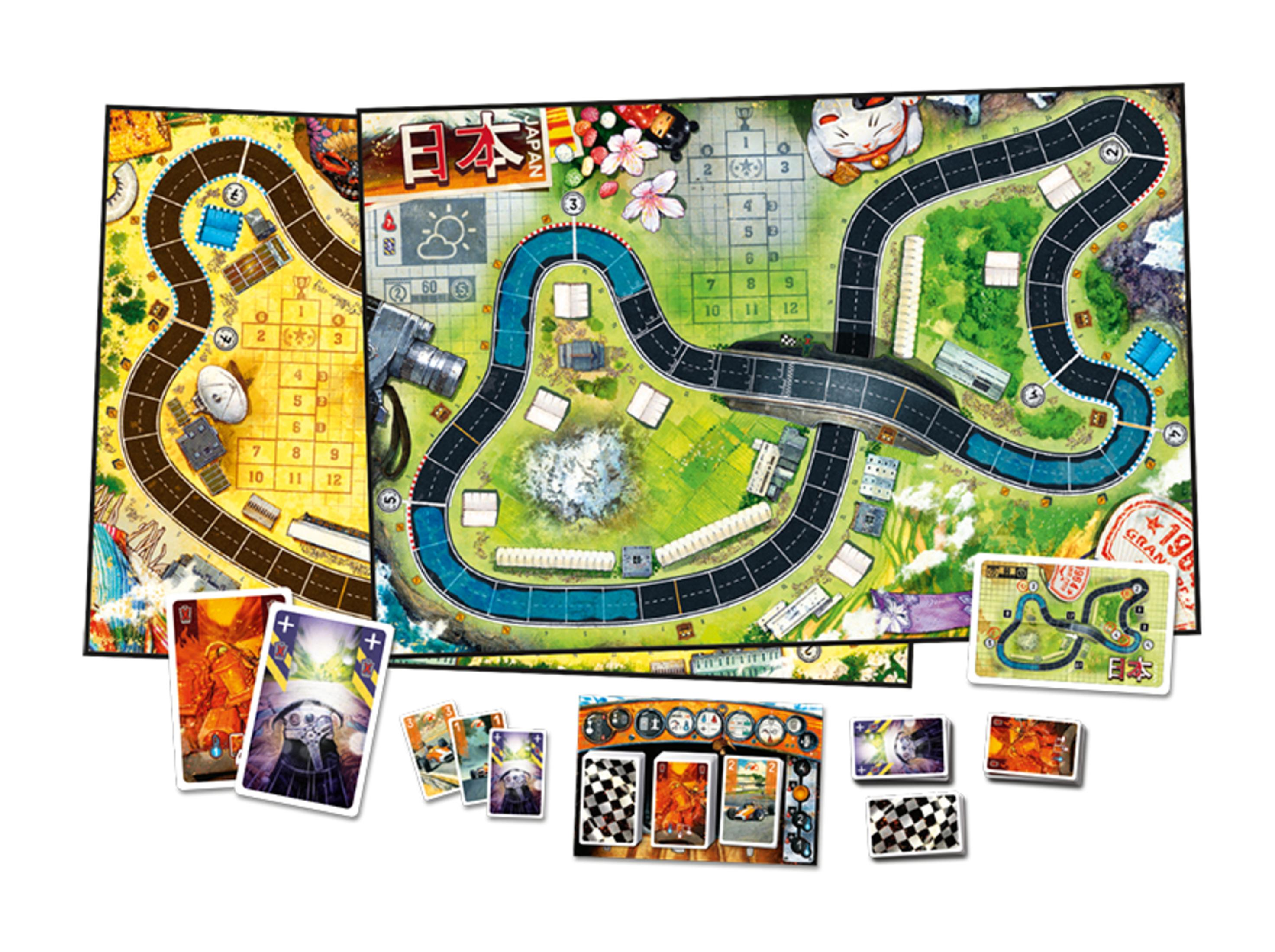 Brettspiel. Rennstreckenlayout mit Karten und Spielsteinen. Japanisches Thema.