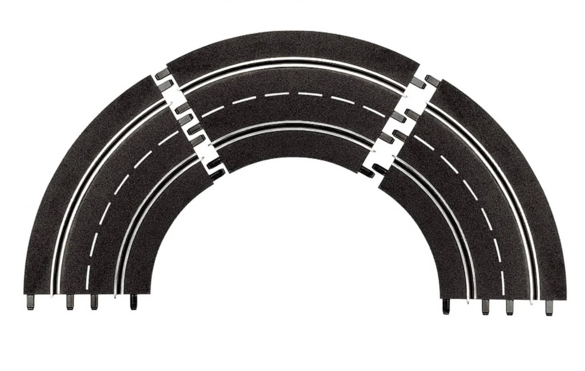 Gebogene schwarze Slotcar-Streckenteile mit weißen Linien.