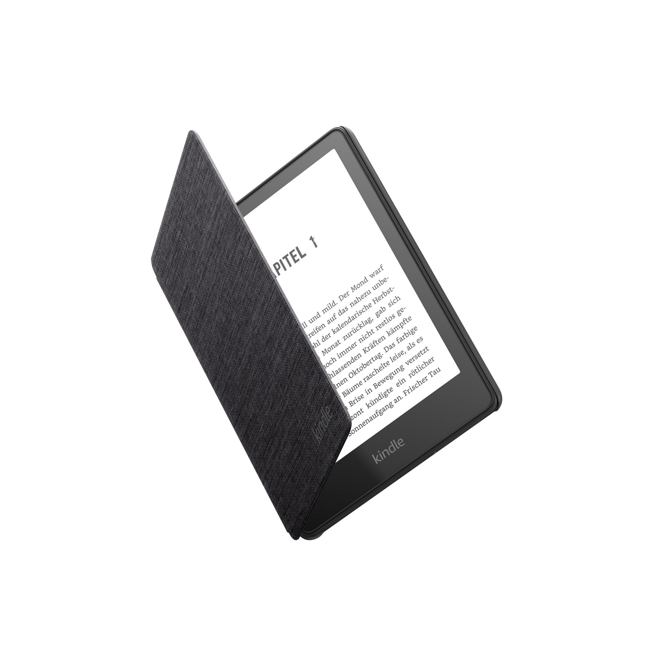 Czytnik Kindle z otwartą okładką. Ekran pokazuje tekst, okładka jest ciemnoszara.