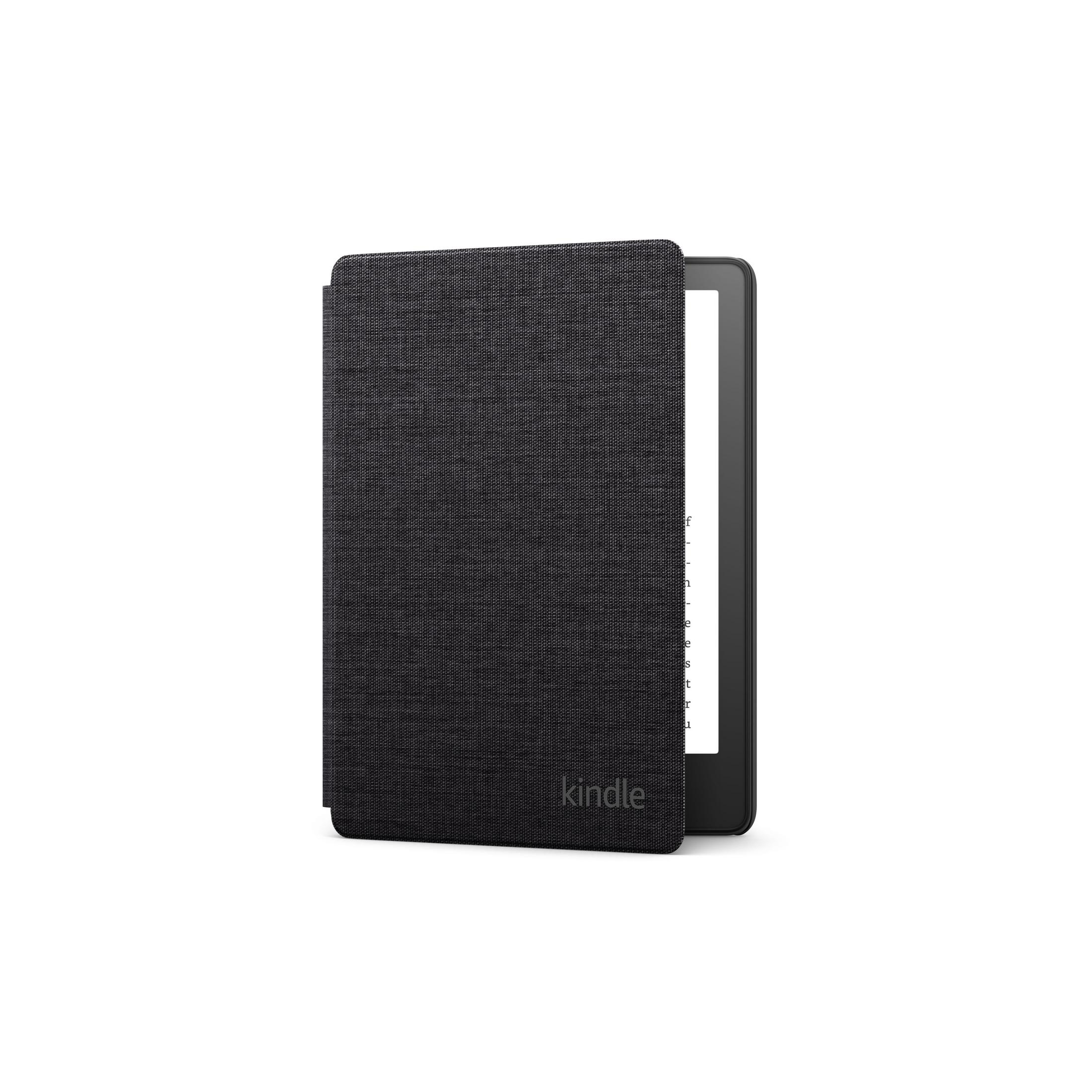 Czarny czytnik e-booków Kindle z ciemnoszarą materiałową okładką na białym tle.