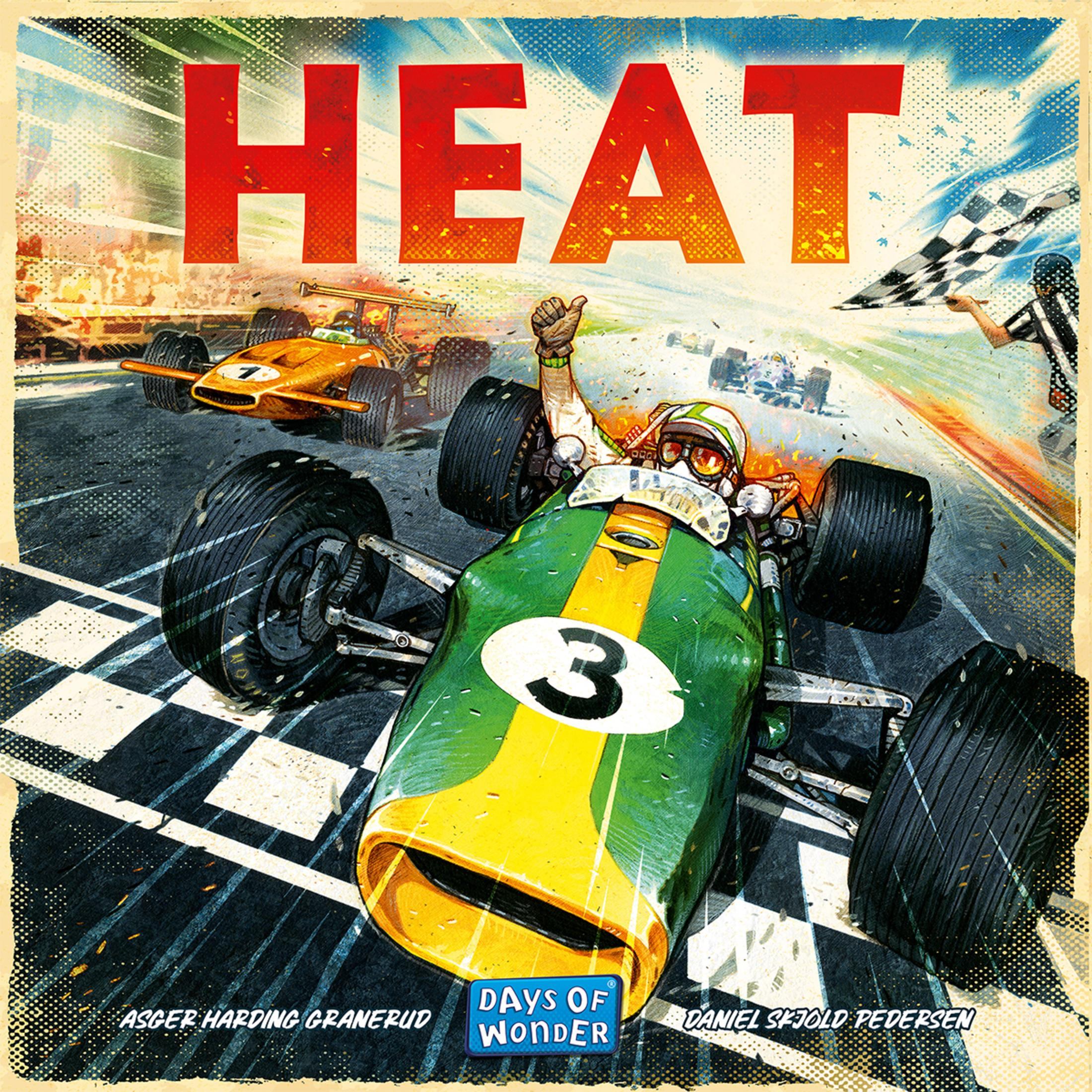 Rennwagen-Poster. Ein grünes Auto mit der Nummer 3 fährt voraus. Das Wort HEAT steht oben in fetten roten Buchstaben.