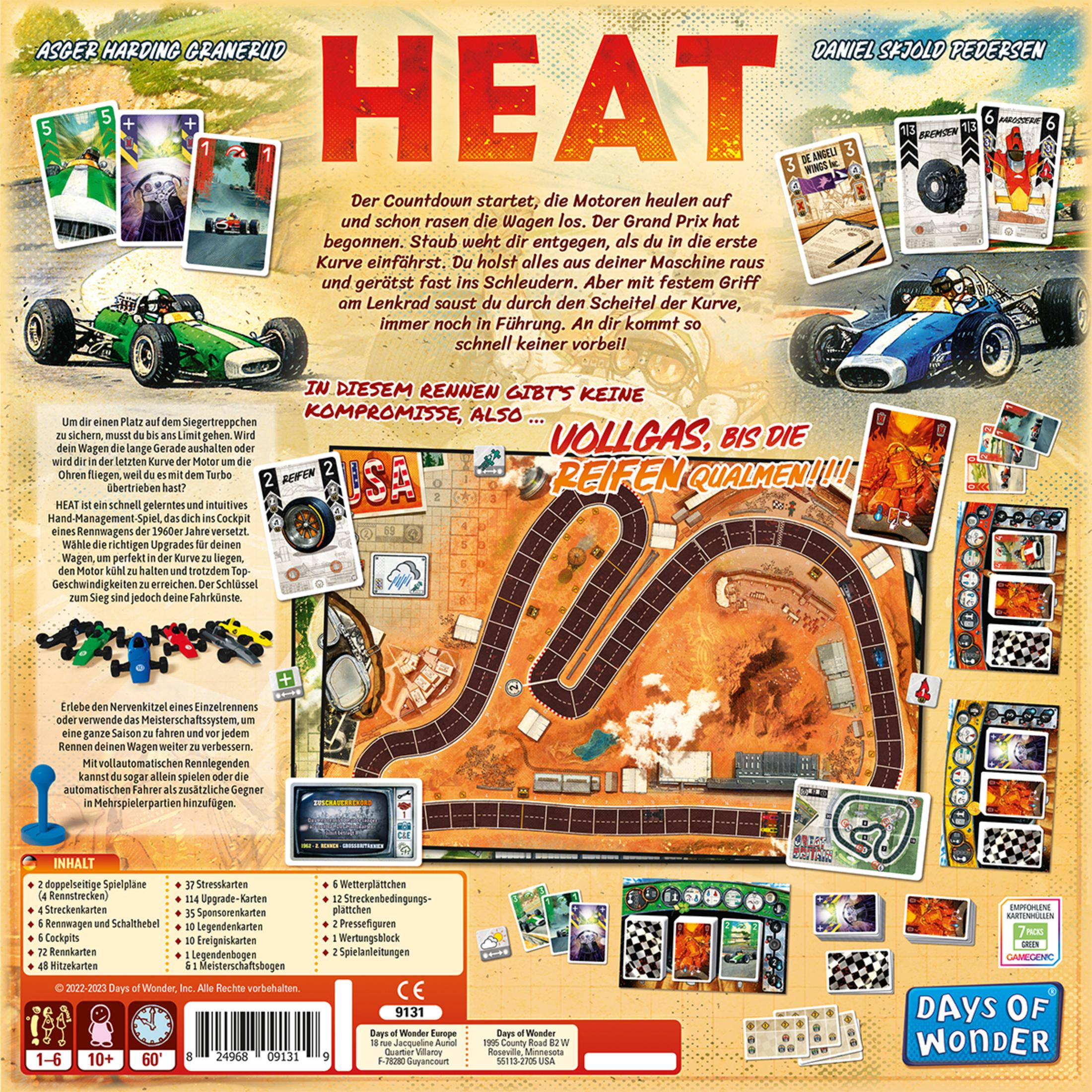 Eine Brettspielbox mit Rennwagen und Streckenlayout, mit Text und einer Grafik.