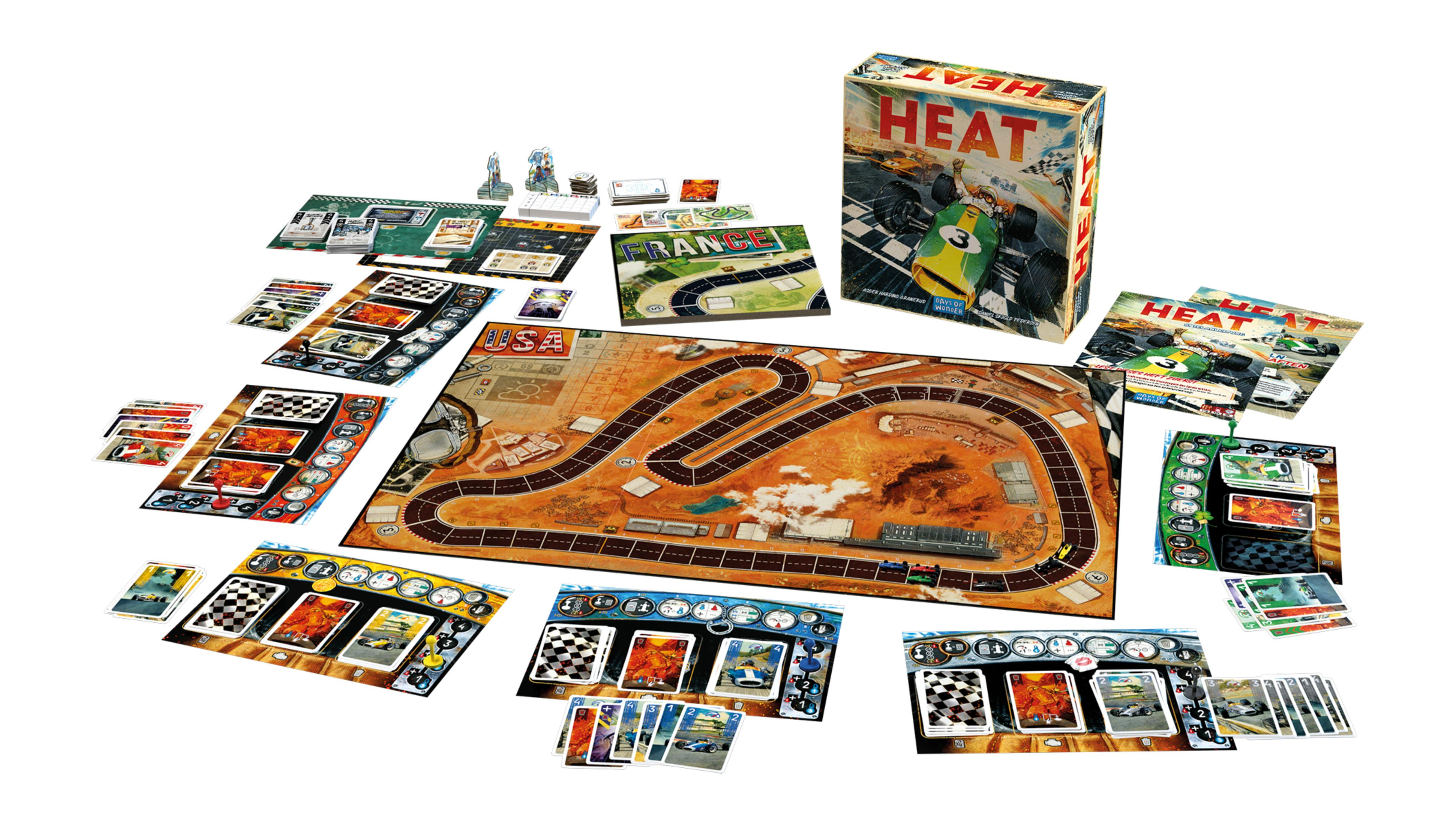 Ein Brettspiel mit dem Titel 'Heat'. Es hat ein Rennstrecken-Design und mehrere Karten. Die Box zeigt ein grünes Rennauto.