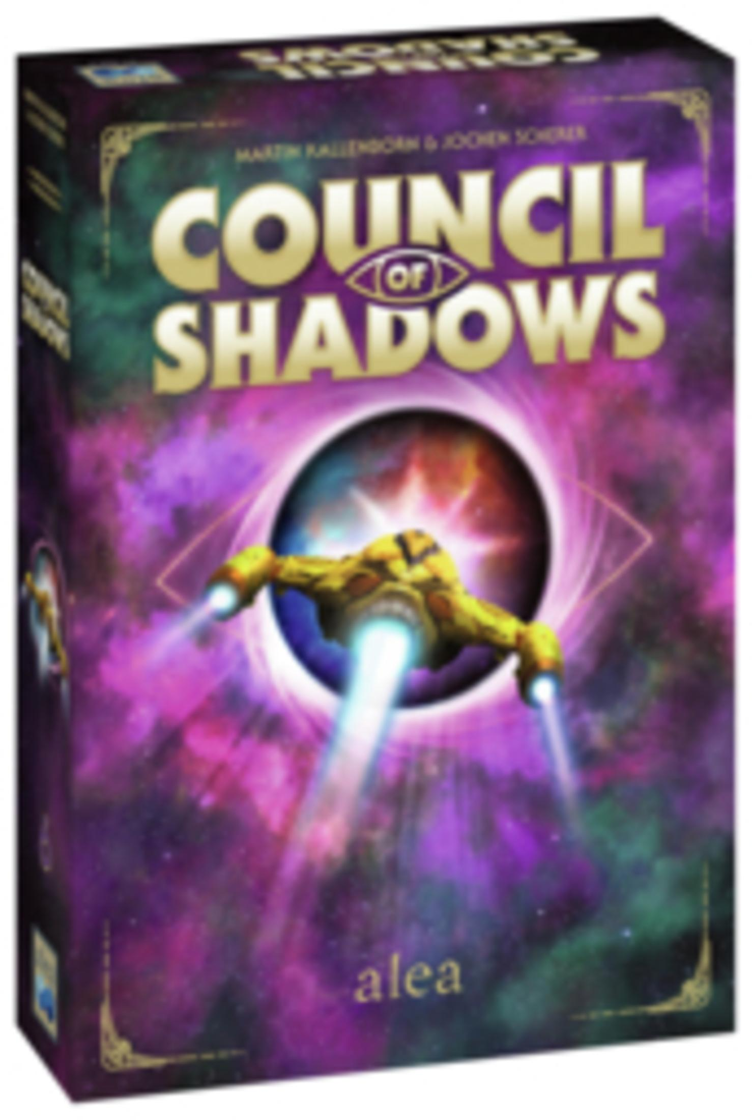 Council of Shadows Brettspielbox. Ein Raumschiff fliegt auf ein Schwarzes Loch zu.