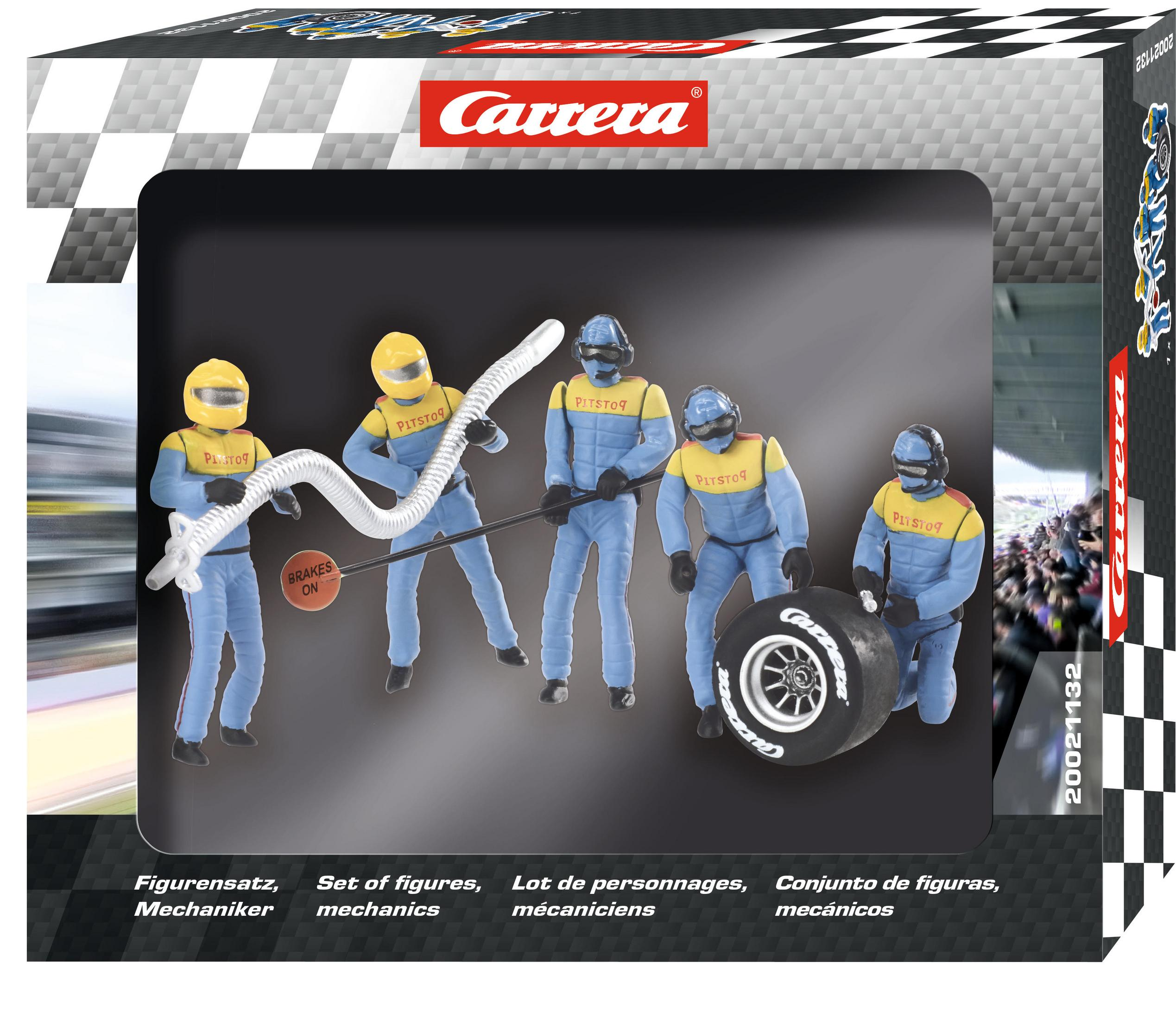 Eine Carrera Spielzeugset-Box zeigt fünf Mechanikerfiguren in blauen und gelben Uniformen mit Rennausrüstung.