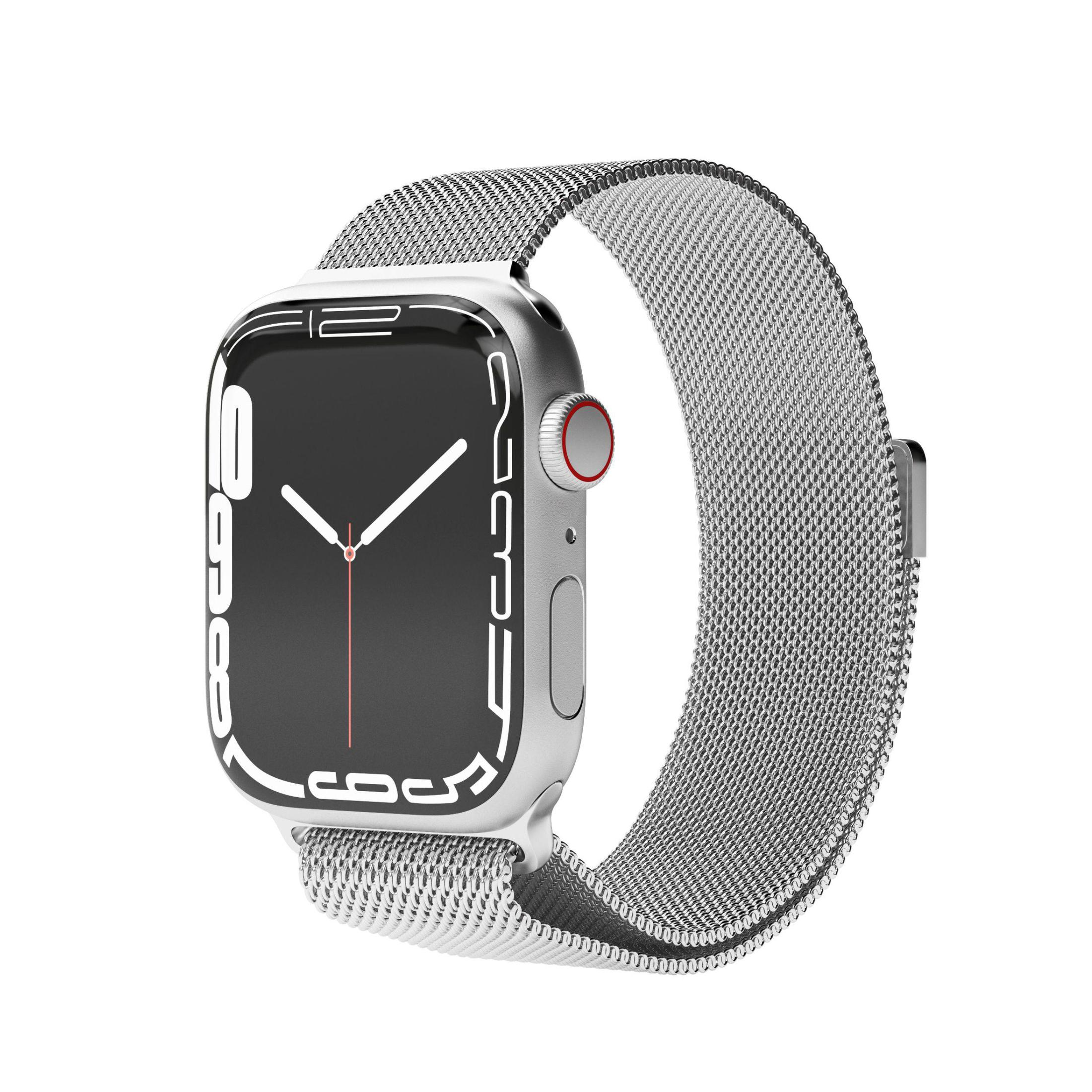 Silberne Smartwatch mit silbernem Mesh-Band. Die Uhr zeigt die Zeit an. Weißer Hintergrund.