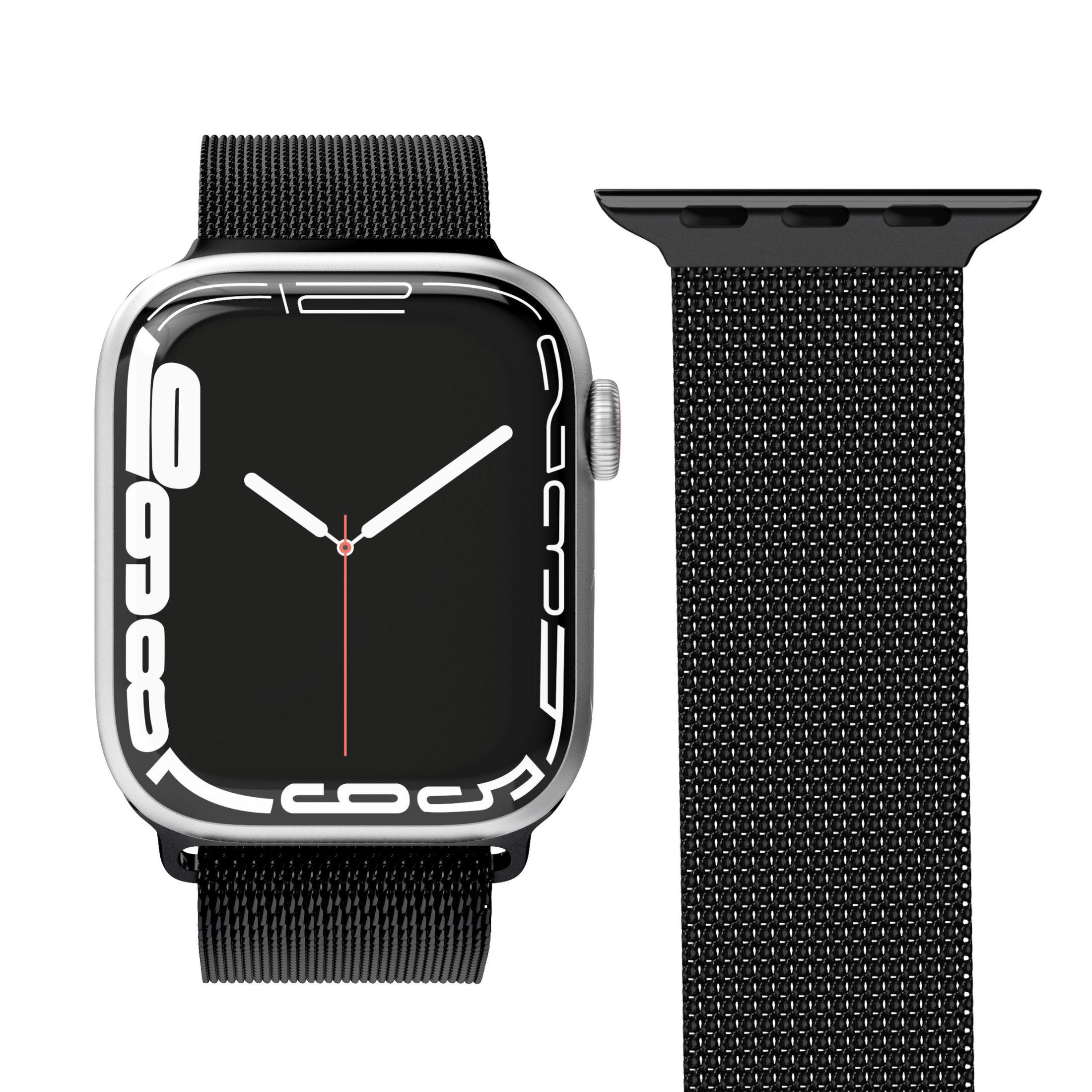 Silberne Smartwatch mit schwarzem Metallarmband und passendem Bandstück.