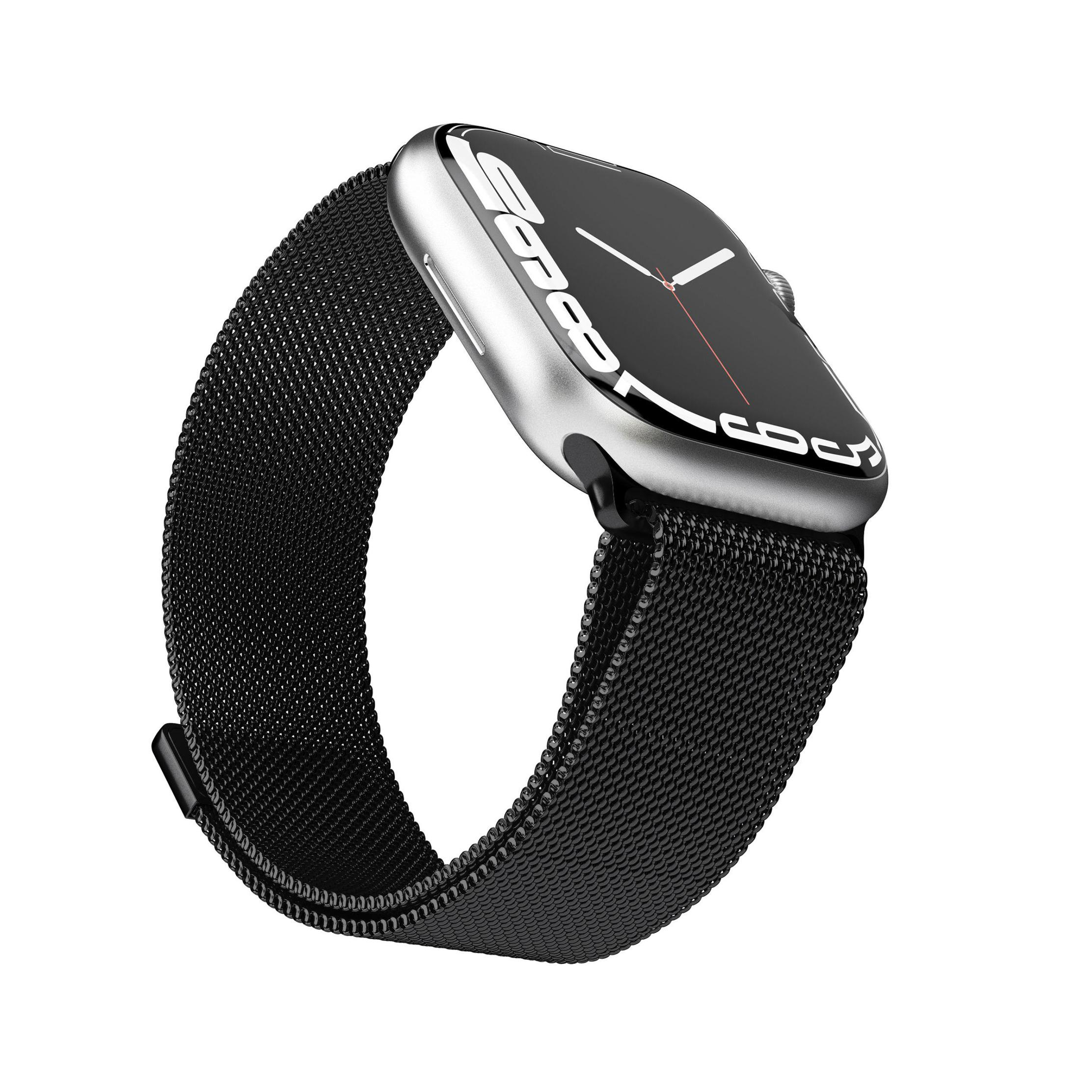 Silberne Smartwatch mit schwarzem Metallarmband.