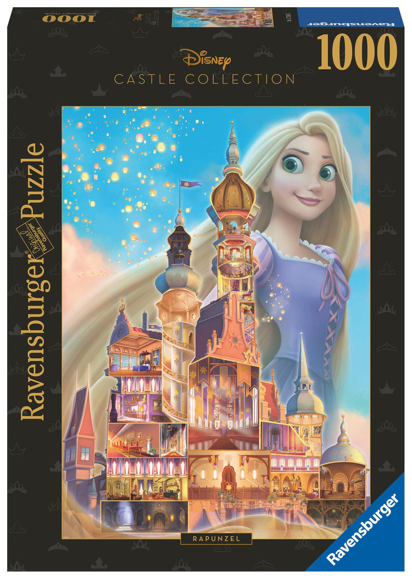 Pudełko z puzzlami Ravensburger z Roszpunką z filmu Zaplątani Disneya. Pokazuje zamek i Roszpunkę.