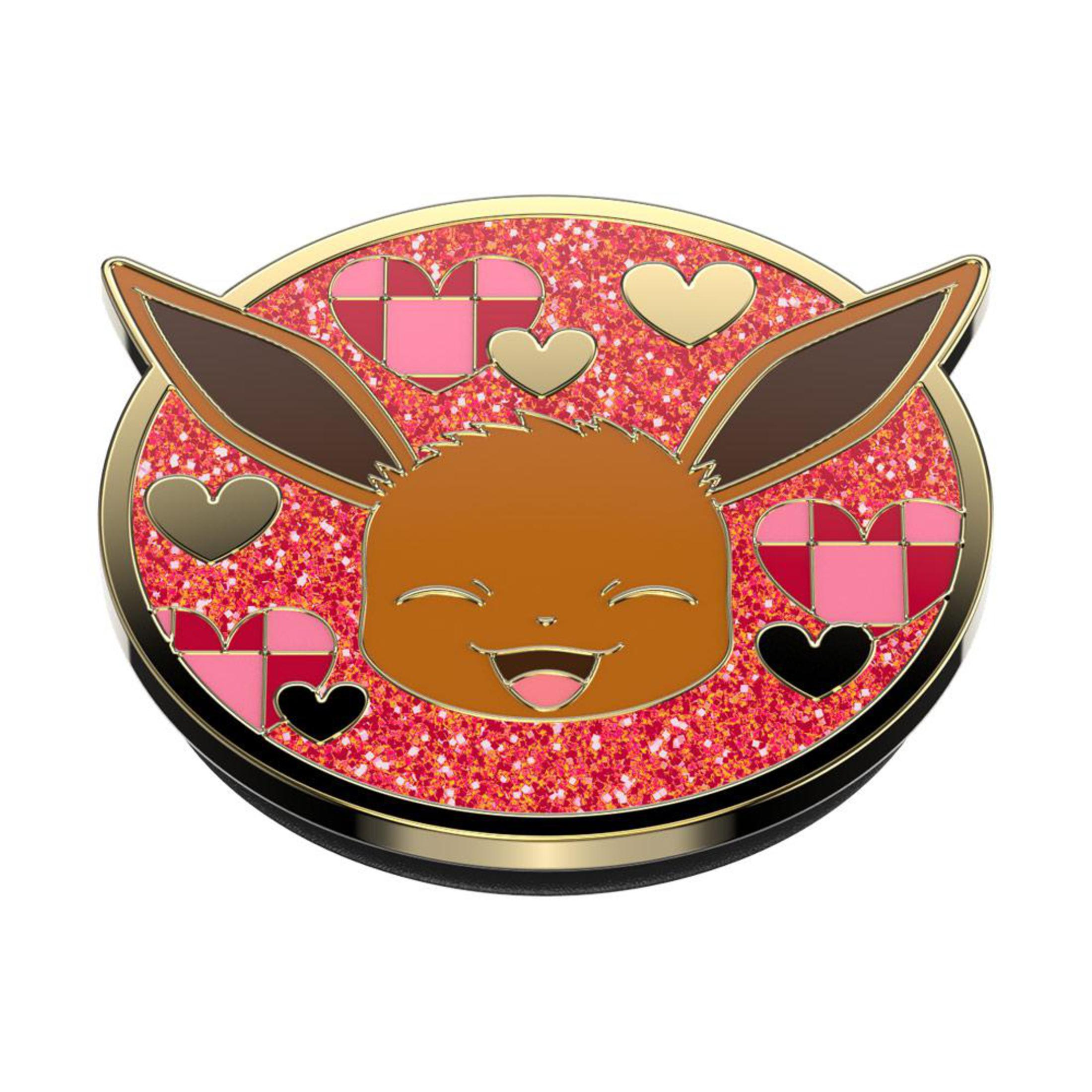 Eevee PopSocket mit goldfarbenem Rand, rotem Glitzerhintergrund und Herzen.