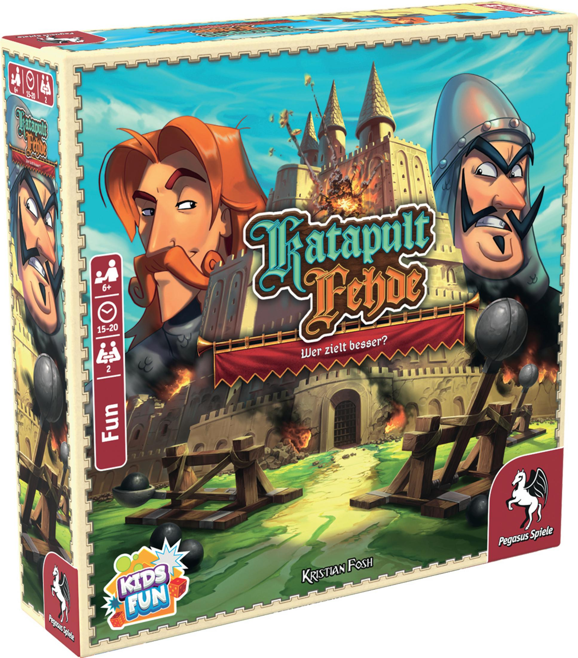 Schachtelkunst für ein Brettspiel mit Zeichentrickfiguren, einer Burg und Katapulten.