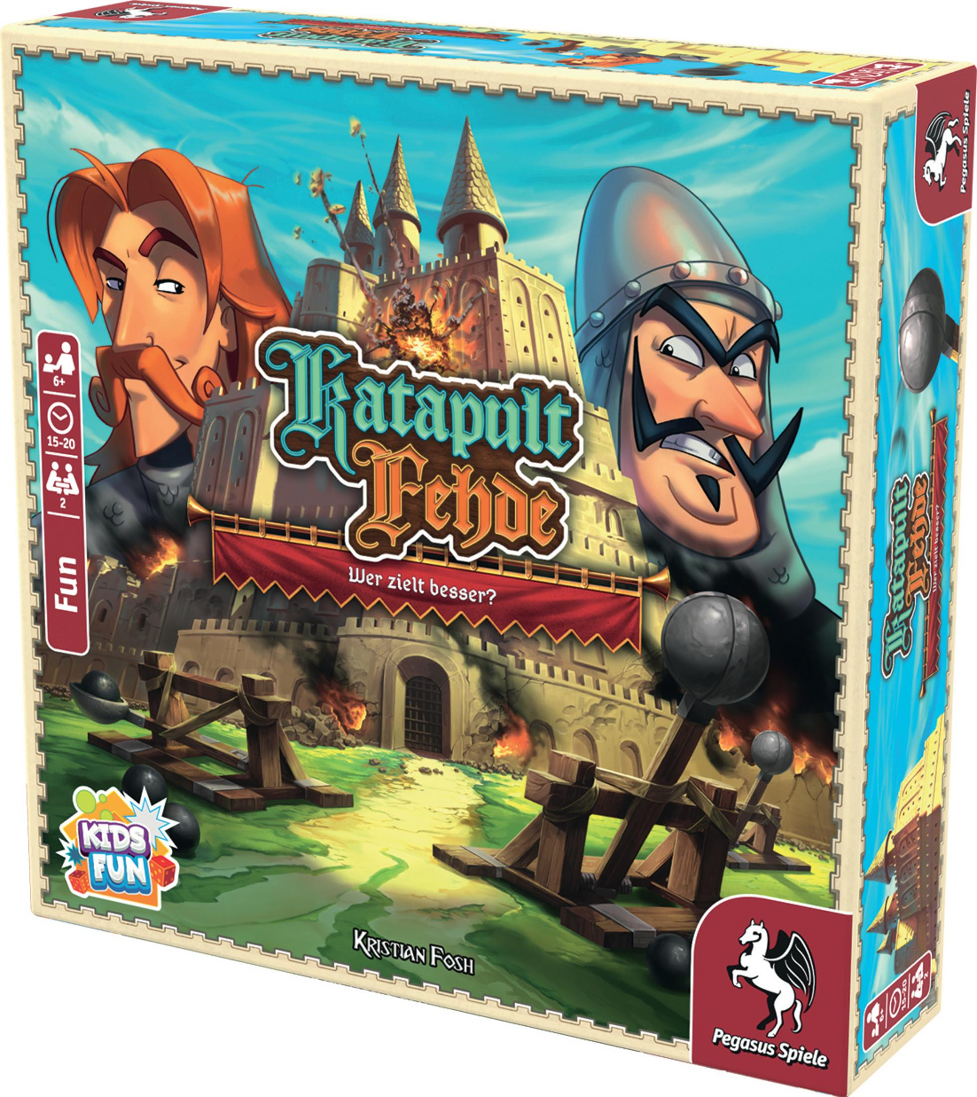 Brettspielbox, Katapult-Fehde. Enthält Zeichentrickfiguren und Katapulte. Buntes und ansprechendes Design.