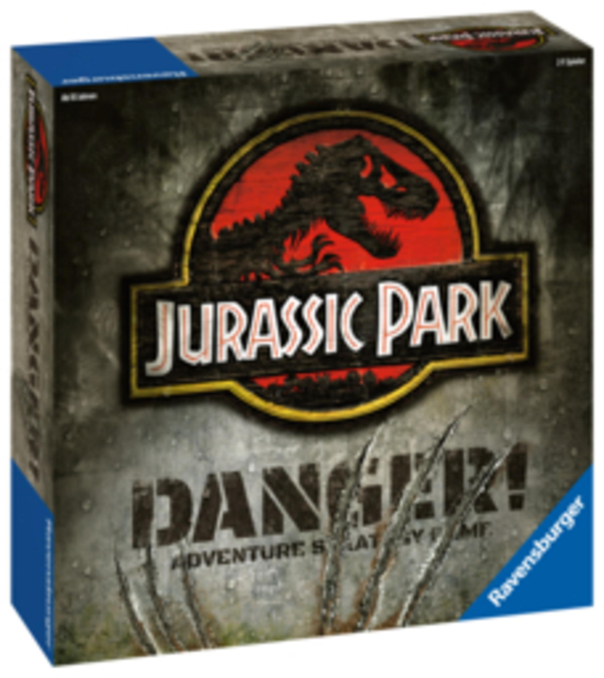 Die Schachtel eines Jurassic Park Brettspiels auf weißem Hintergrund. Das Logo ist sichtbar.