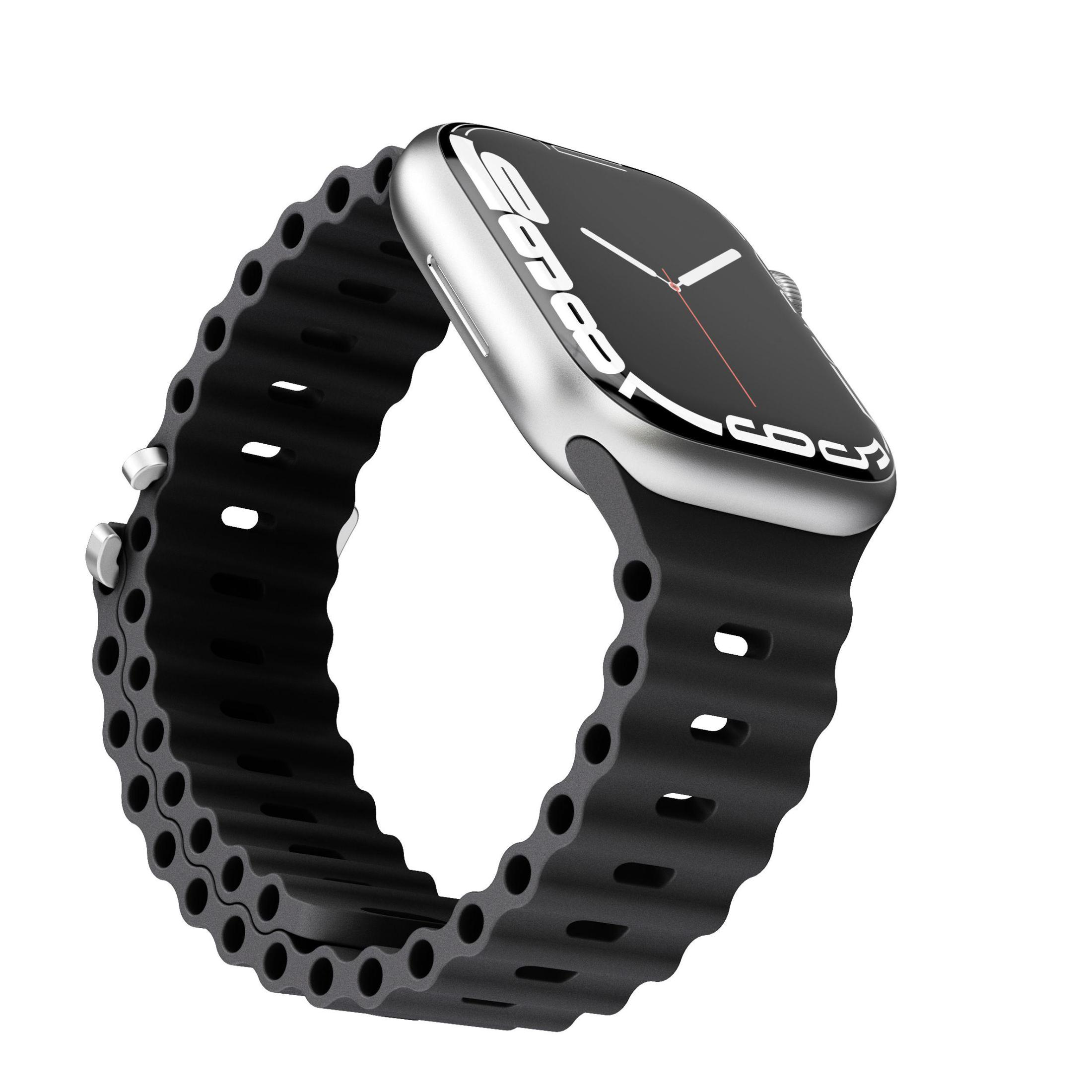 Silberne Smartwatch mit schwarzem, wellenförmigem Band. Das Zifferblatt ist schwarz. Perspektivansicht.