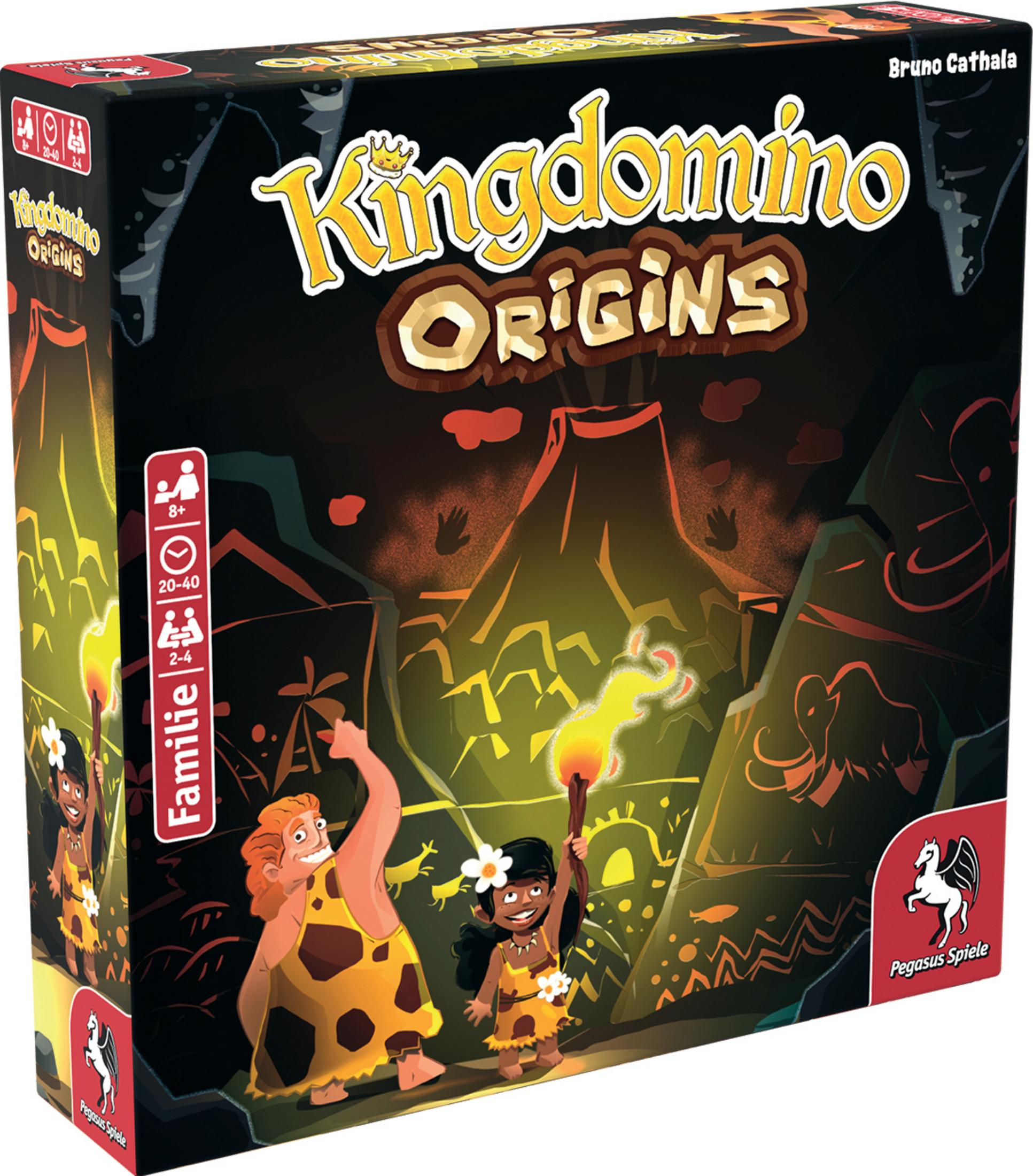 Kingdomino Origins Brettspielbox mit illustrierten Figuren und Vulkanhintergrund.
