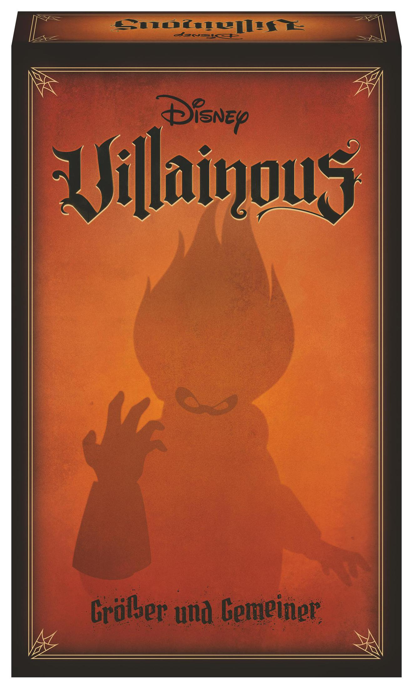 Disney Villainous Spielbox. Oranger Hintergrund, Silhouette eines Bösewichts. Schwarzer Rahmen. Text auf Deutsch.