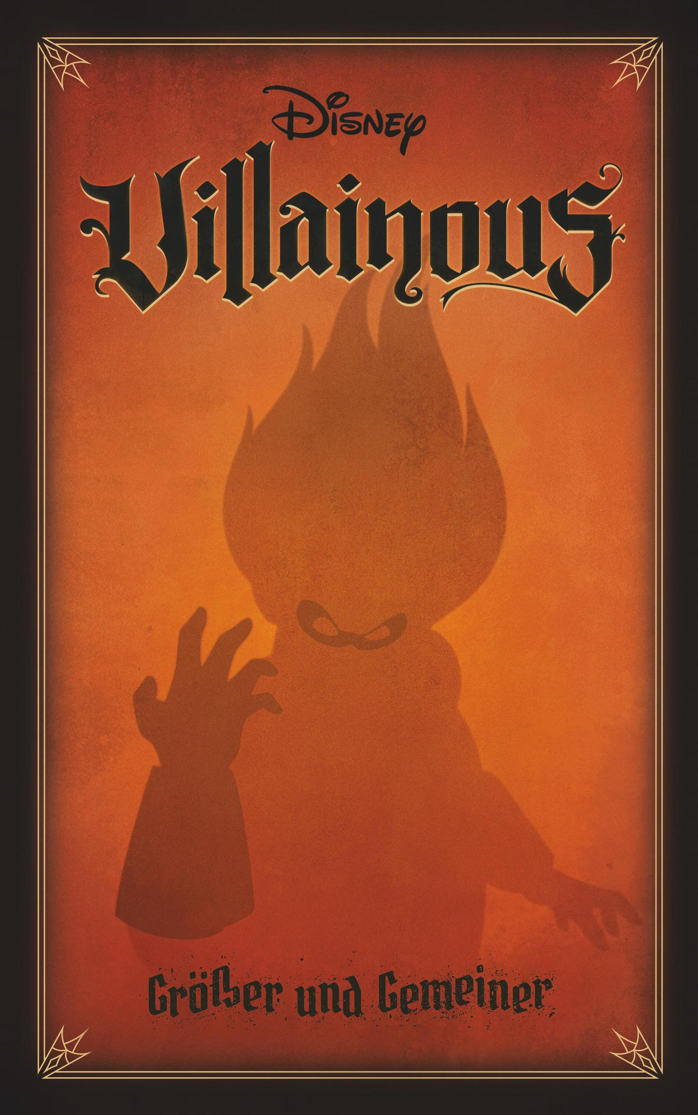 Ein Poster für Disneys Villainous Spiel. Es zeigt eine schattenhafte Figur mit dem Text 'Größer und Gemeiner'.