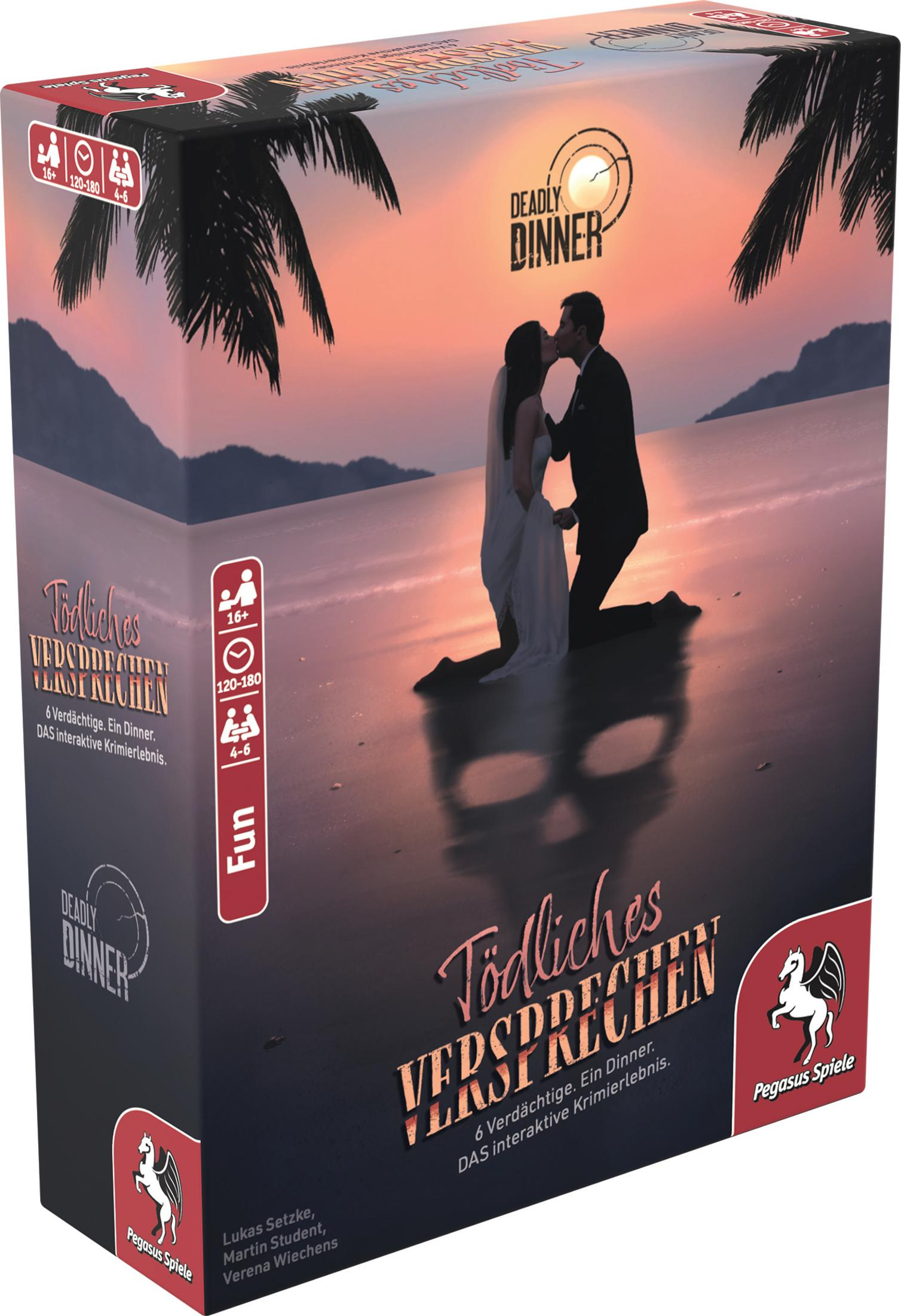 Spielbox von Deadly Dinner zeigt ein Paar vor einem Sonnenuntergang, mit Spielinfos.