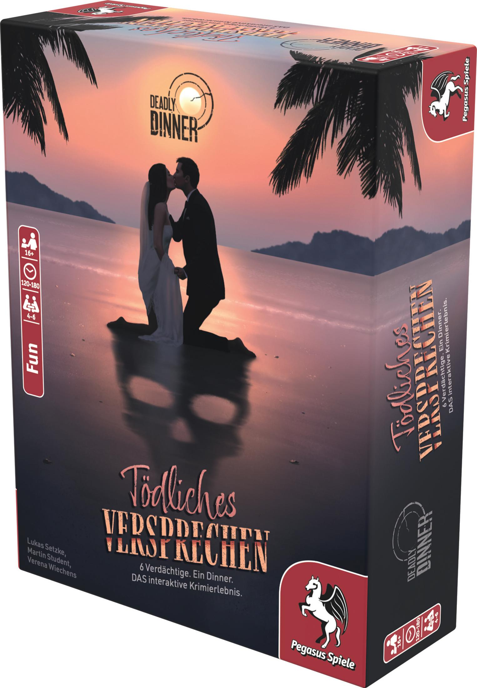 Brettspielbox mit dem Titel 'Tödliches Versprechen'. Kuss bei Sonnenuntergang.