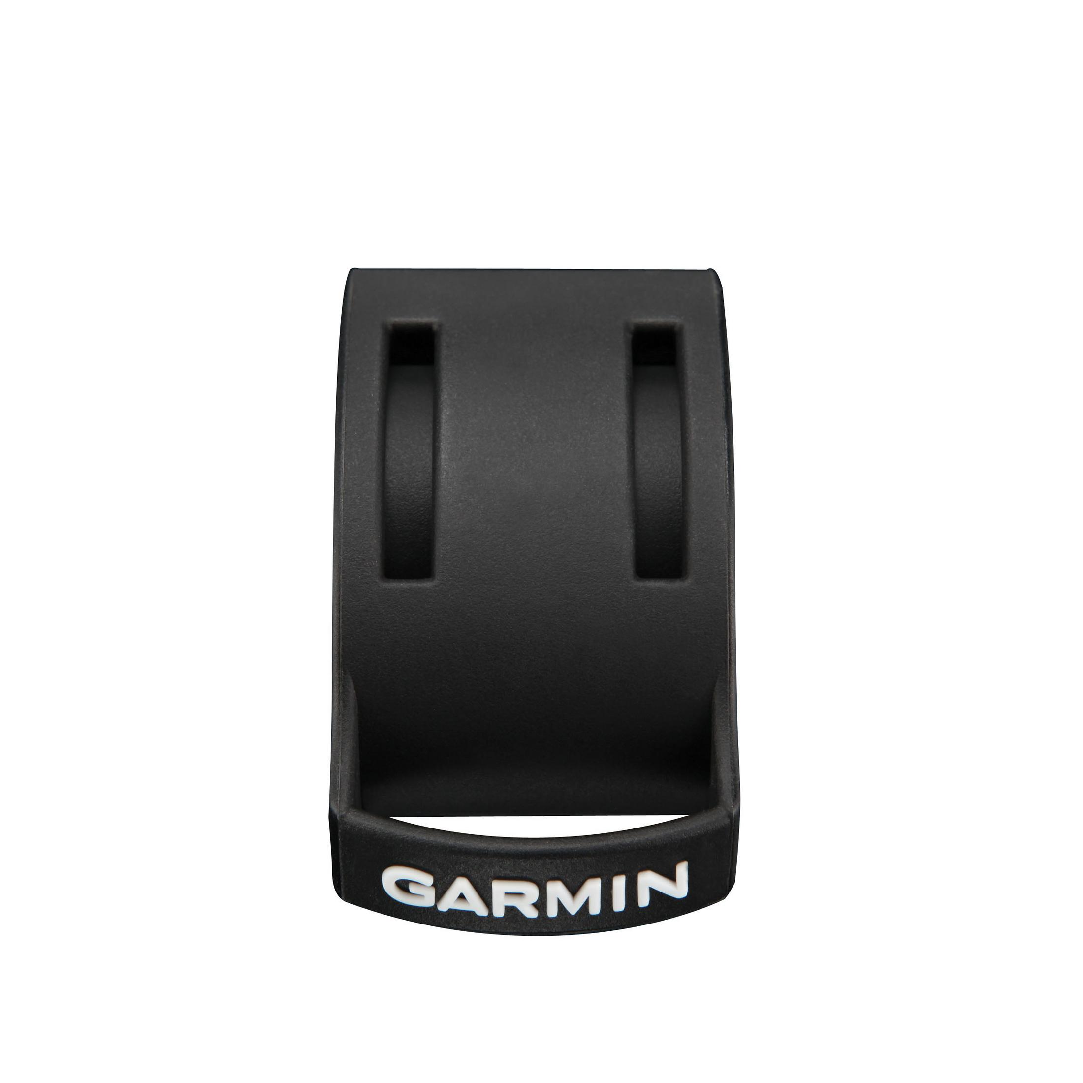 Schwarze Garmin-Uhrenhalterung mit zwei Schlitzen und dem Garmin-Logo unten.