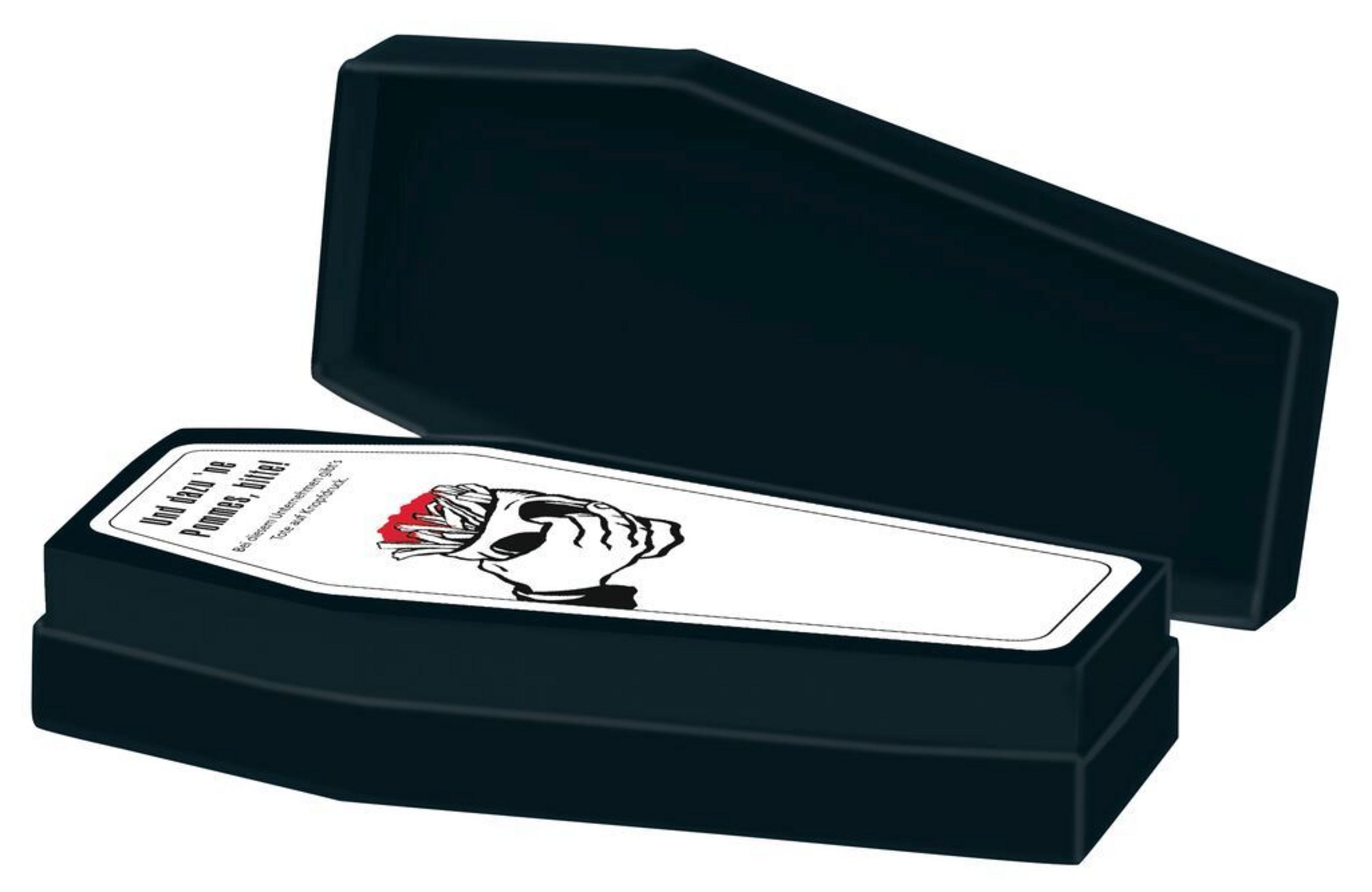 Eine schwarze Sarg ist geöffnet, mit Totenkopf und Rosen auf dem Deckel. Im Inneren Text.