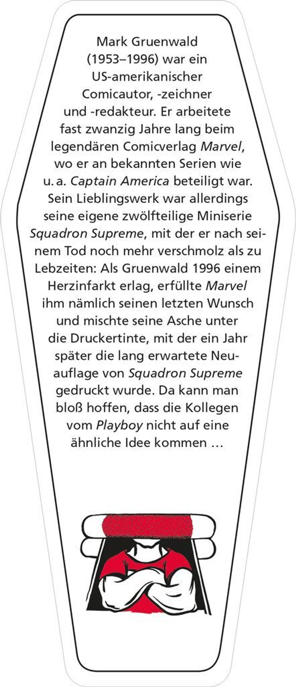 Deutscher Text in Sargform. Text über Mark Gruenwald, einen Comic-Autor und Redakteur.