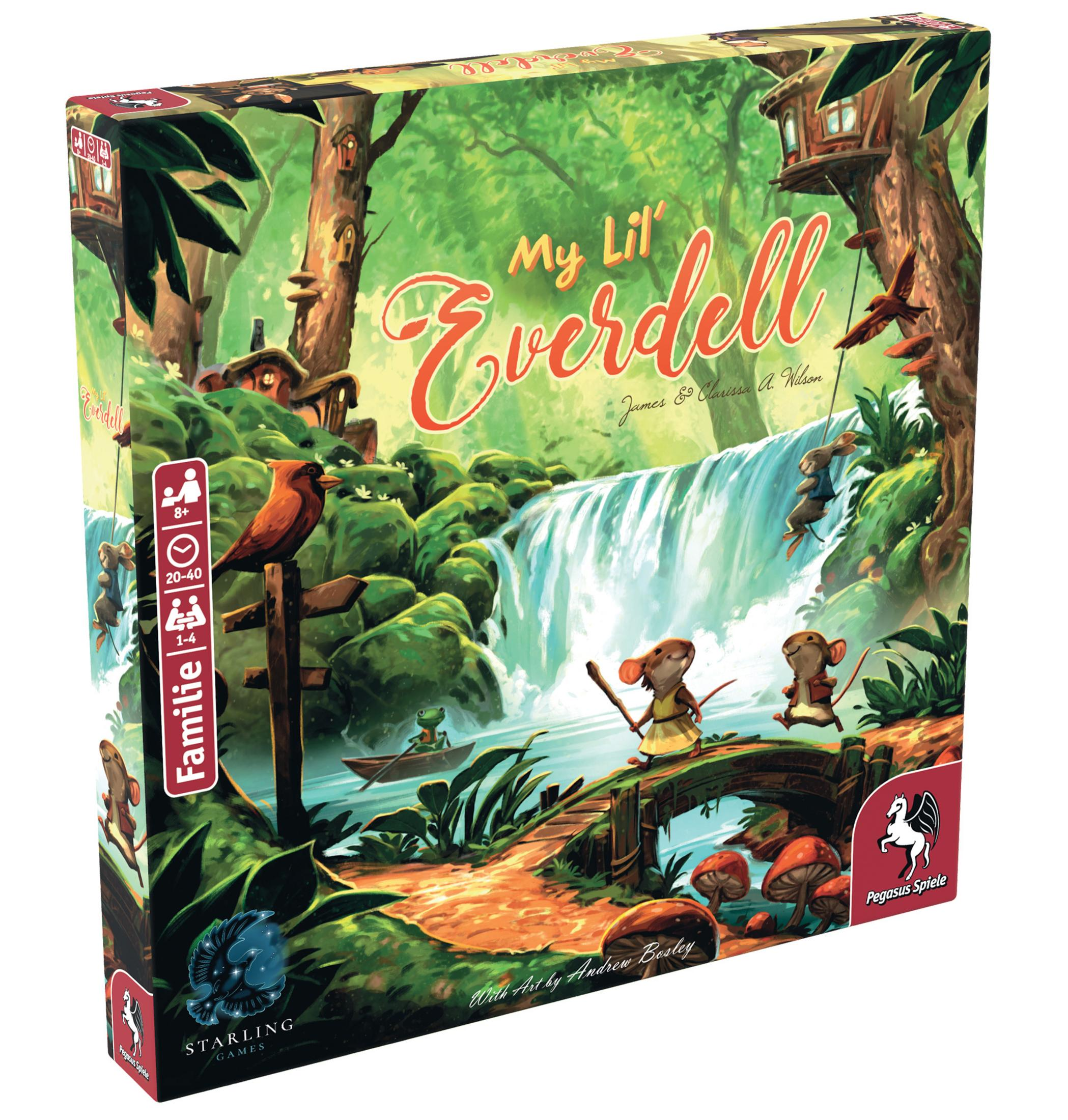 Brettspielbox mit dem Titel 'My Lil' Everdell'. Zeigt eine Waldszene mit Cartoon-Tieren.