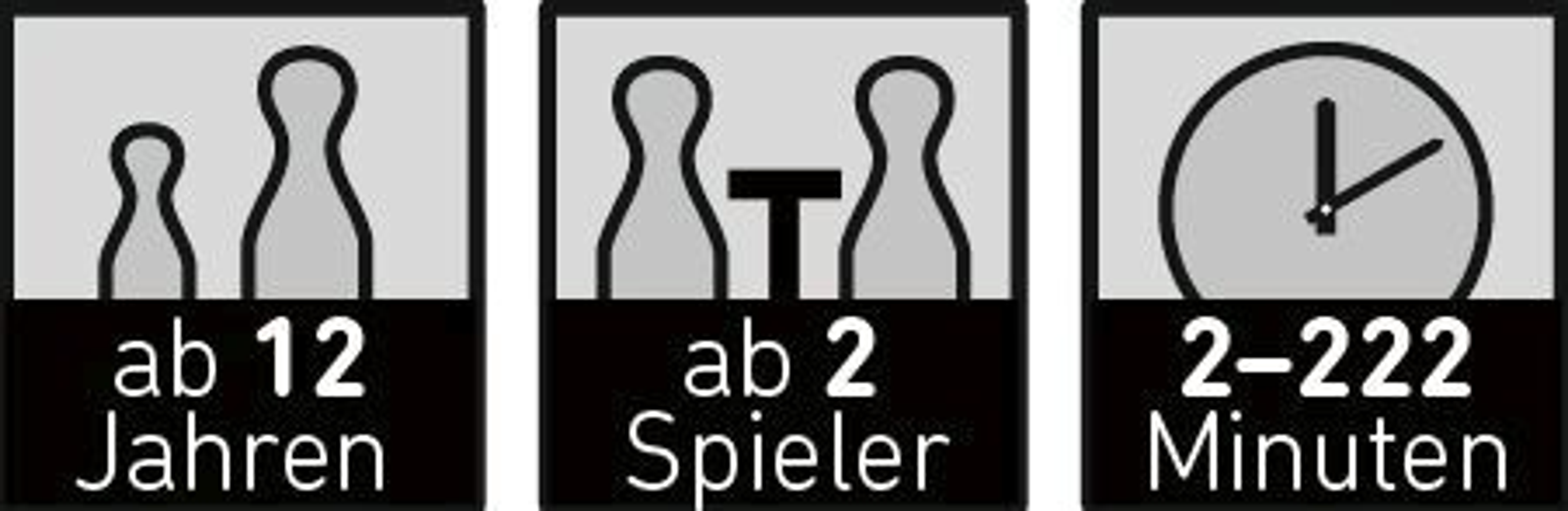 Symbol mit dem Text 'ab 12 Jahren' und zwei Strichmännchen, 'ab 2 Spieler' und eine Uhr.