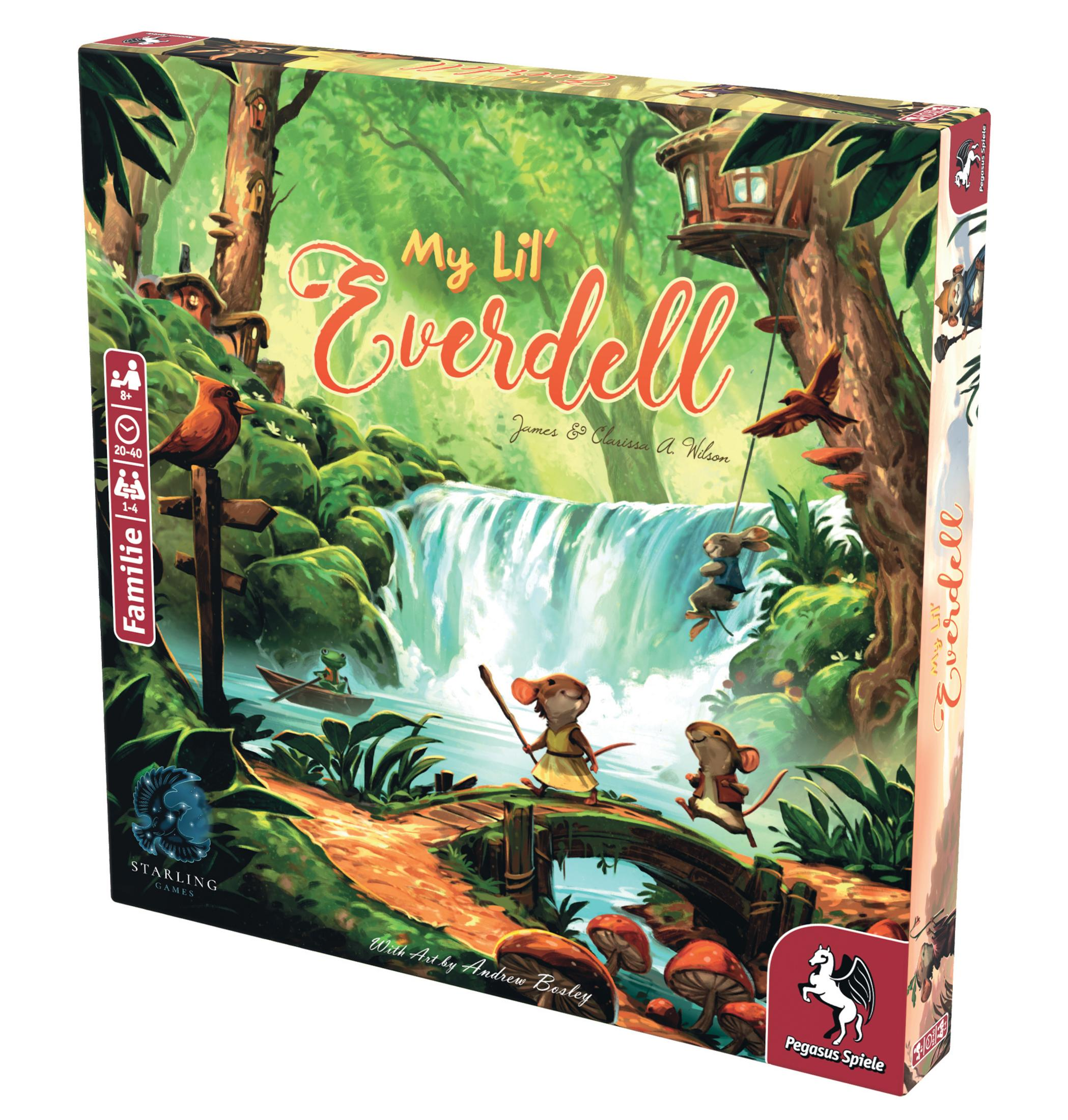 Brettspielschachtel mit einer Waldszene. Text enthält 'My Lil' Everdell' und Spielinfo.