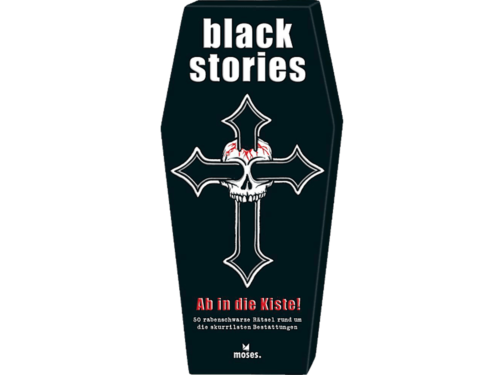 Sargförmige Box mit 'black stories'-Titel, Totenkopf & Knochen, Text. Schwarzer Hintergrund.