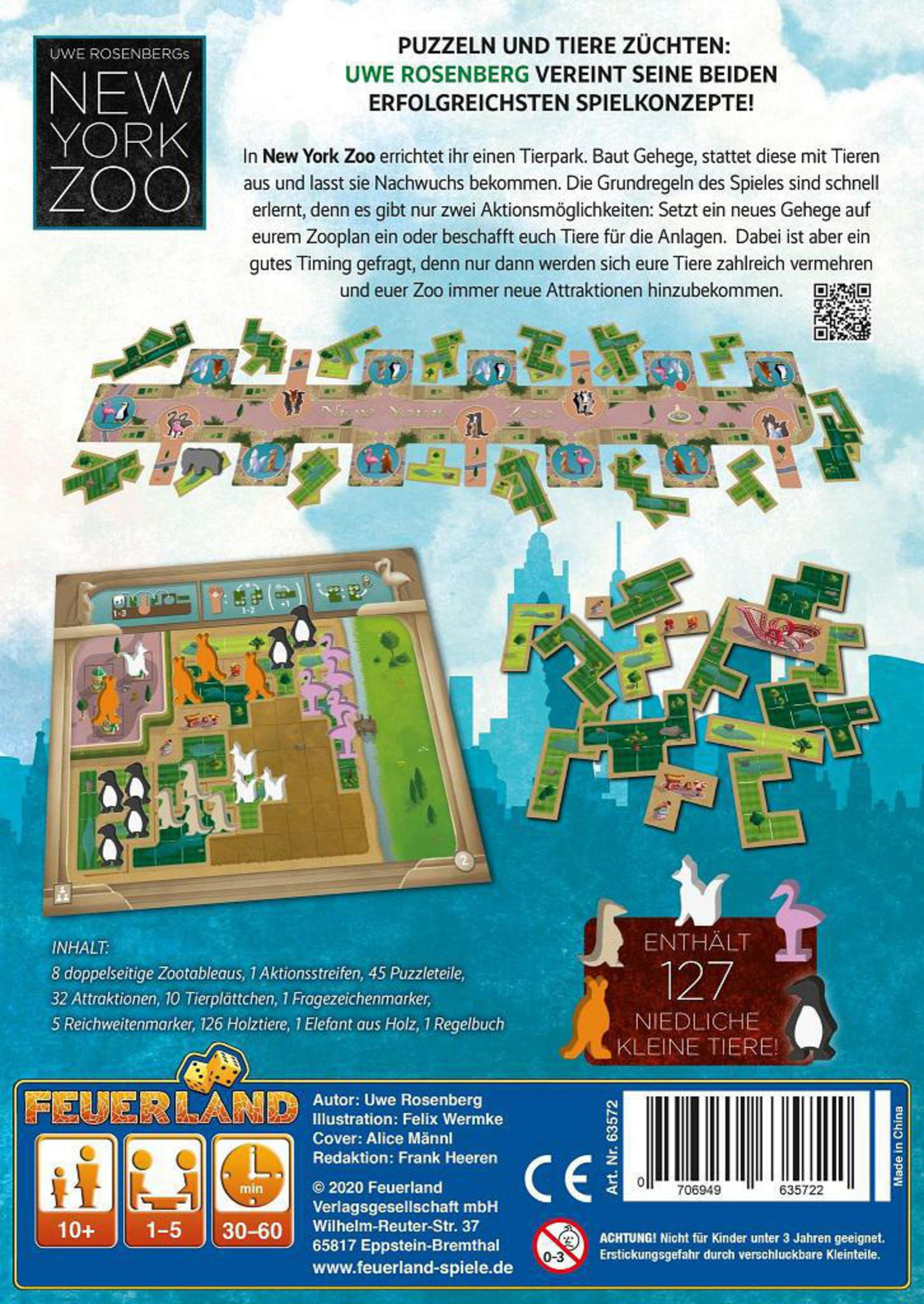 Rückseite der Brettspielbox mit Stadtillustration, Spielsteinen und einem Pinguin.