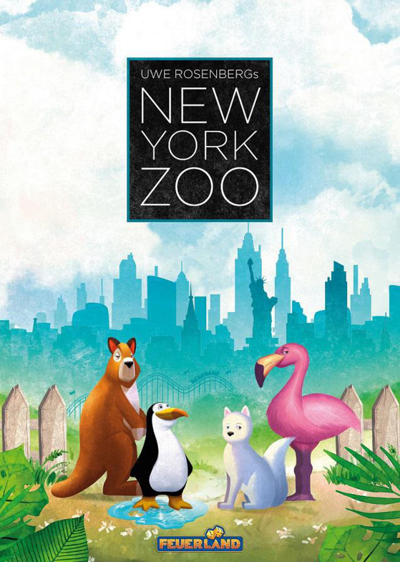 Titelbild eines Brettspiels, New York Zoo, mit Tieren und Skyline.